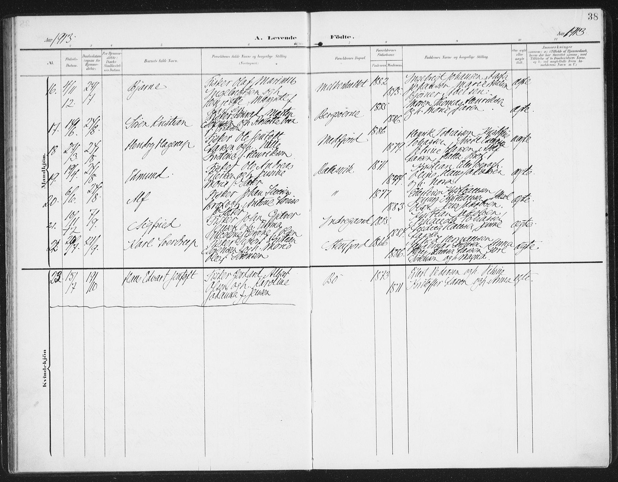 Berg sokneprestkontor, AV/SATØ-S-1318/G/Ga/Gaa/L0007kirke: Ministerialbok nr. 7, 1906-1915, s. 38