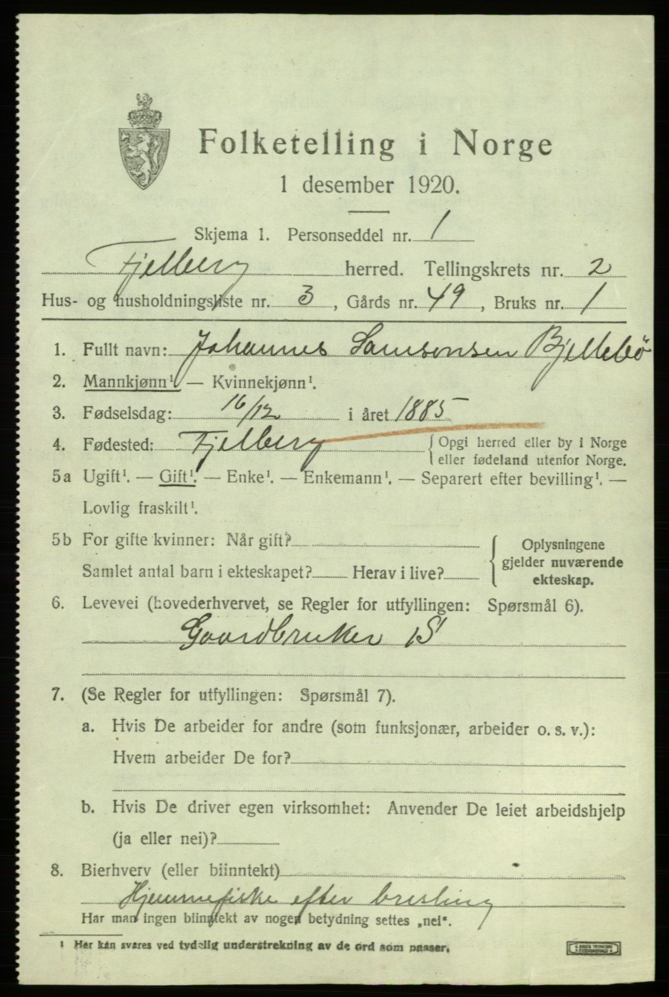 SAB, Folketelling 1920 for 1213 Fjelberg herred, 1920, s. 903