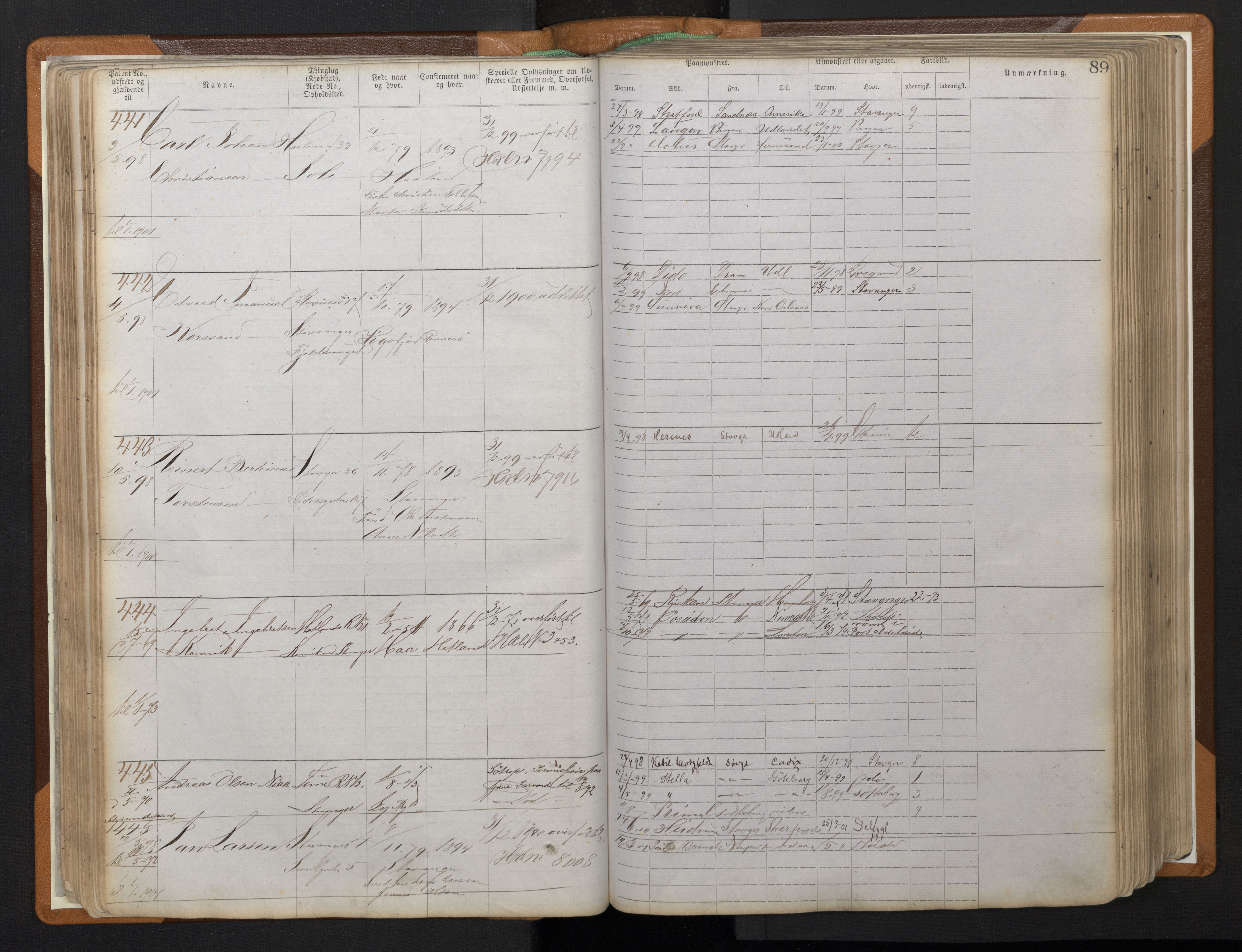 Stavanger sjømannskontor, AV/SAST-A-102006/F/Ff/L0008: Annotasjonsrulle, patentnr. 1-1805 (dublett), 1869-1900, s. 93