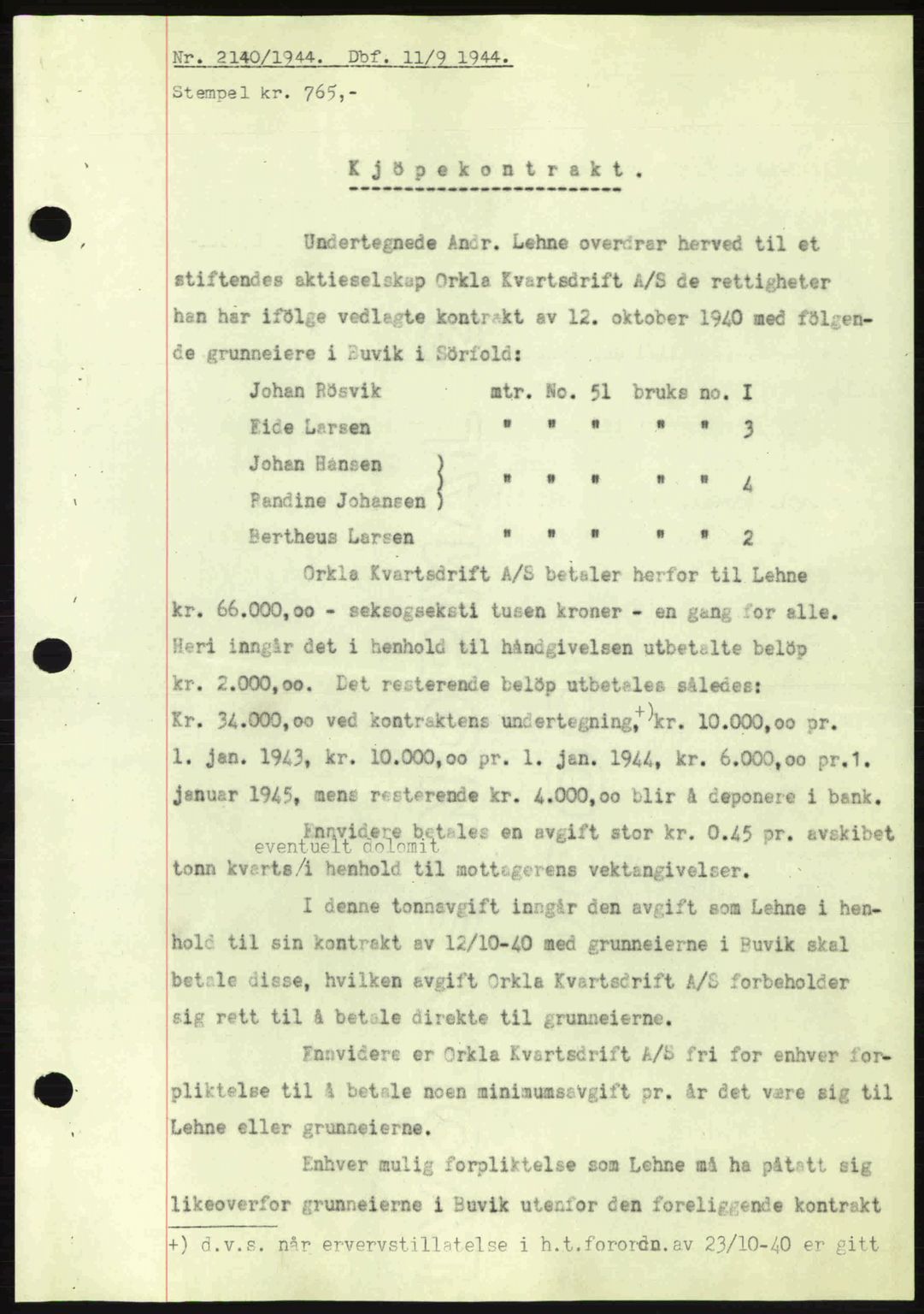 Salten sorenskriveri, SAT/A-4578/1/2/2C: Pantebok nr. A14-15, 1943-1945, Dagboknr: 2140/1944