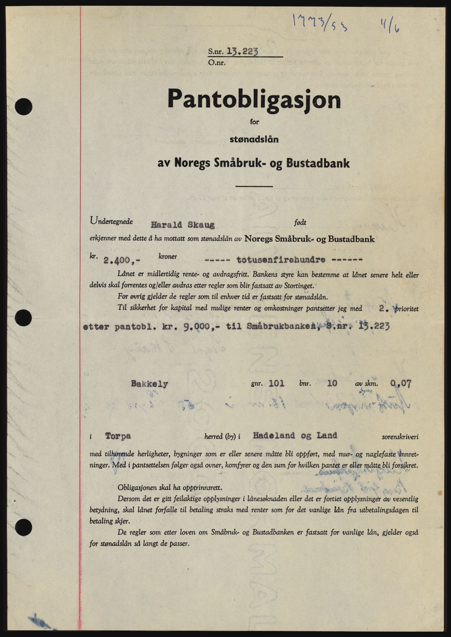 Hadeland og Land tingrett, SAH/TING-010/H/Hb/Hbc/L0027: Pantebok nr. B27, 1953-1953, Dagboknr: 1773/1953