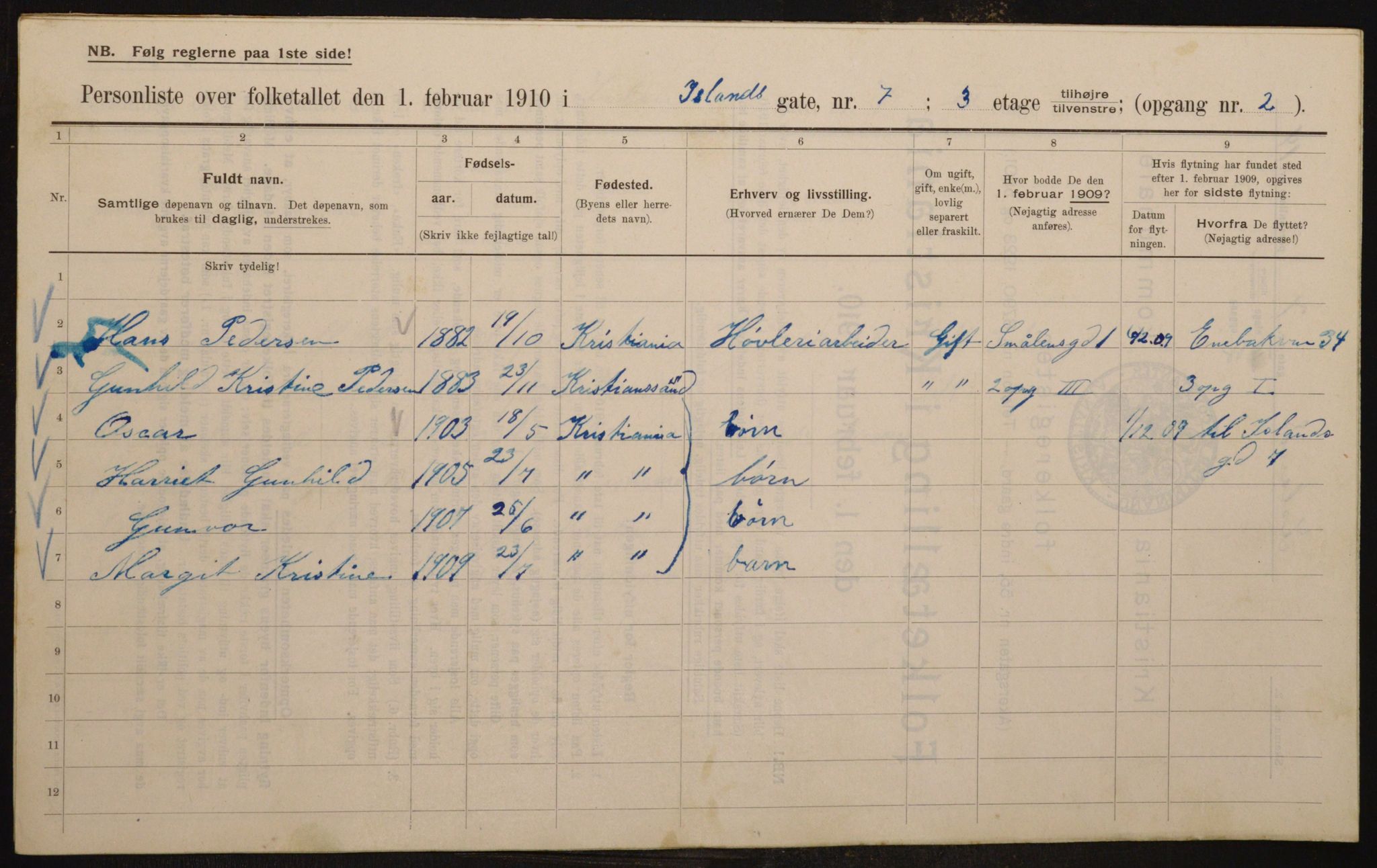 OBA, Kommunal folketelling 1.2.1910 for Kristiania, 1910, s. 43453