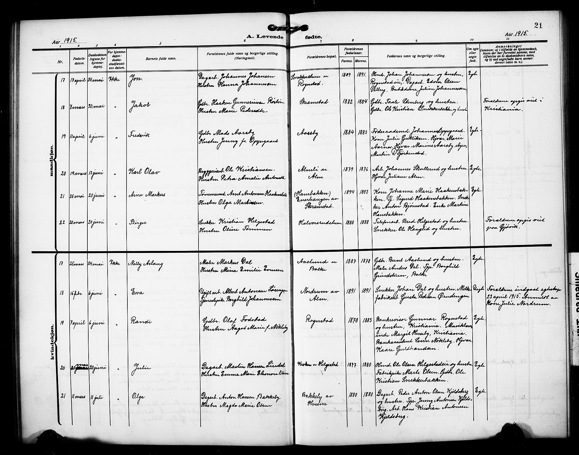 Østre Toten prestekontor, AV/SAH-PREST-104/H/Ha/Hab/L0008: Klokkerbok nr. 8, 1913-1929, s. 21