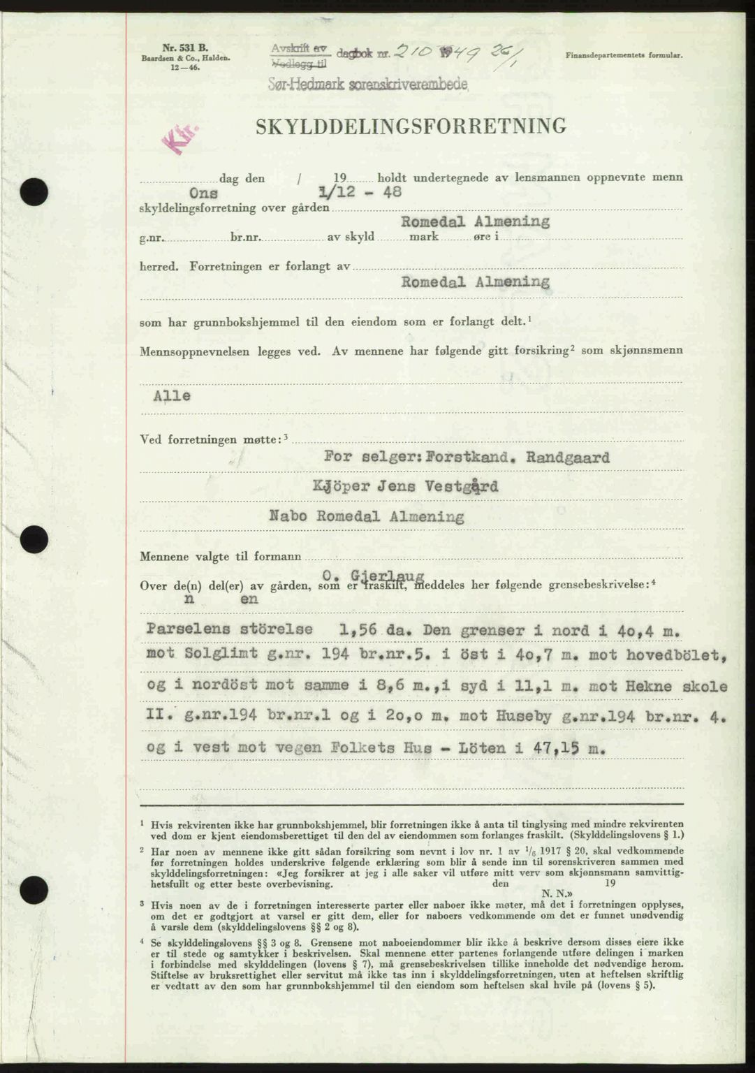 Sør-Hedmark sorenskriveri, SAH/TING-014/H/Hb/Hbd/L0018: Pantebok nr. 18, 1948-1949, Dagboknr: 210/1949