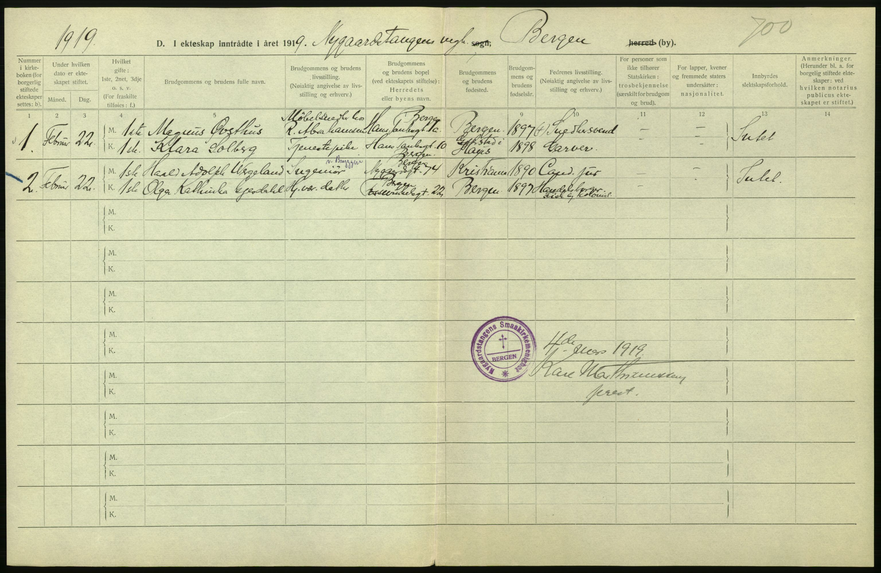 Statistisk sentralbyrå, Sosiodemografiske emner, Befolkning, AV/RA-S-2228/D/Df/Dfb/Dfbi/L0035: Bergen: Gifte, døde, dødfødte., 1919, s. 4