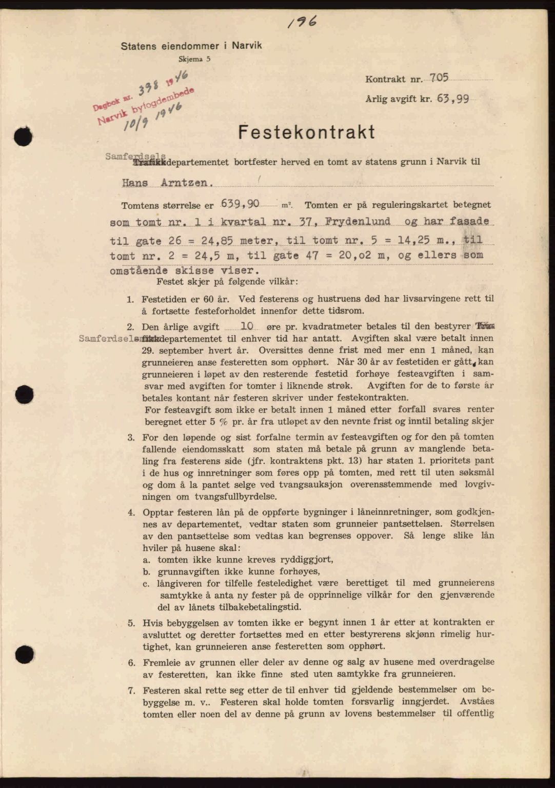 Narvik sorenskriveri, SAT/A-0002/1/2/2C/2Ca: Pantebok nr. A21, 1946-1947, Dagboknr: 398/1946