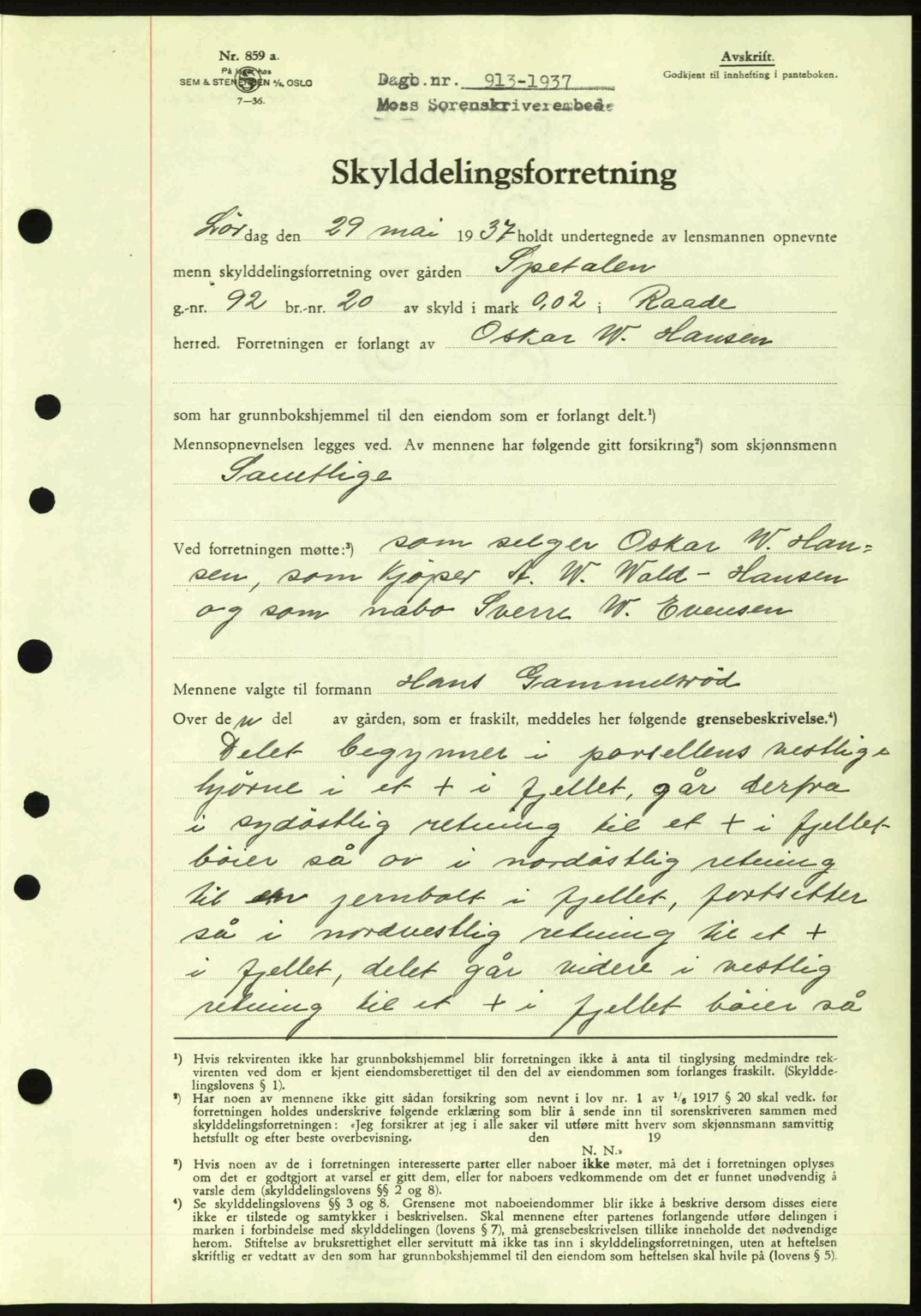 Moss sorenskriveri, SAO/A-10168: Pantebok nr. A3, 1937-1938, Dagboknr: 913/1937