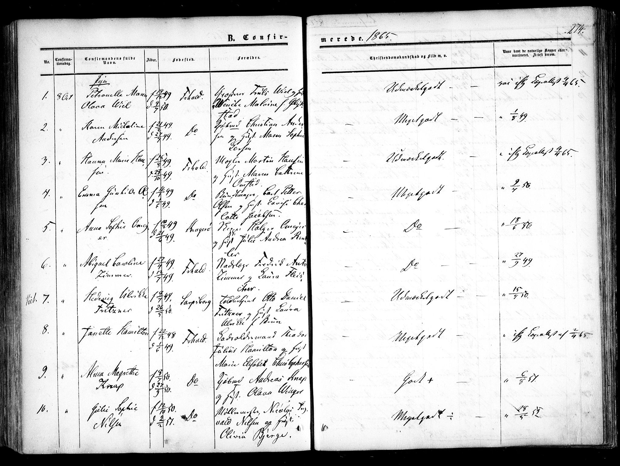 Halden prestekontor Kirkebøker, AV/SAO-A-10909/F/Fa/L0007: Ministerialbok nr. I 7, 1857-1865, s. 274