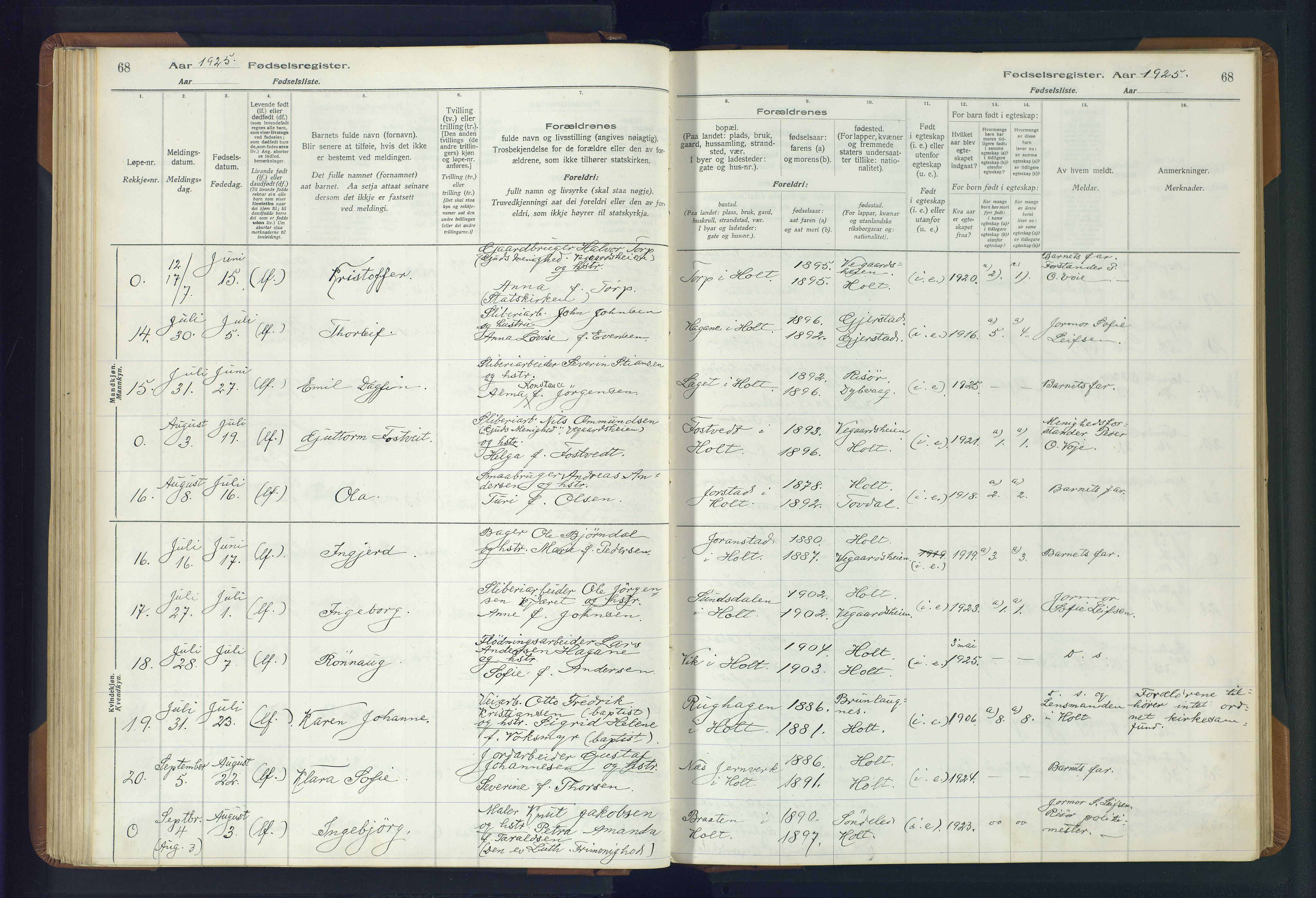 Holt sokneprestkontor, AV/SAK-1111-0021/J/Ja/L0001: Fødselsregister nr. II.4.1, 1916-1946, s. 68