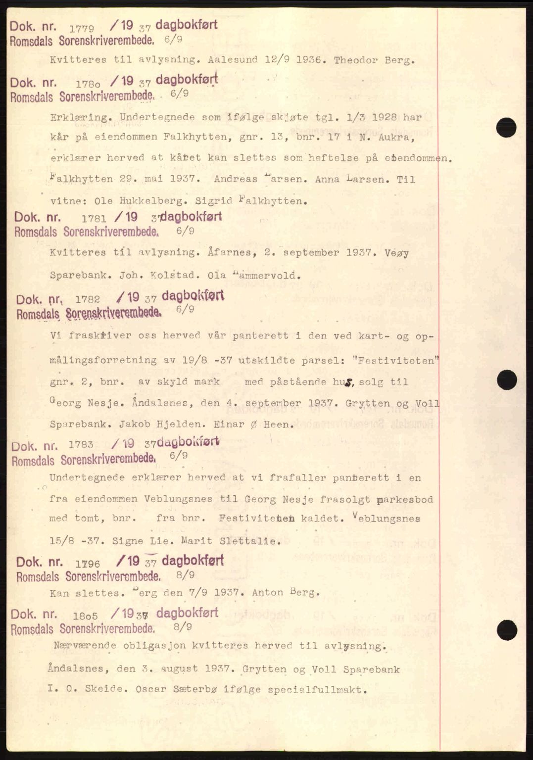 Romsdal sorenskriveri, AV/SAT-A-4149/1/2/2C: Pantebok nr. C1a, 1936-1945, Dagboknr: 1779/1937