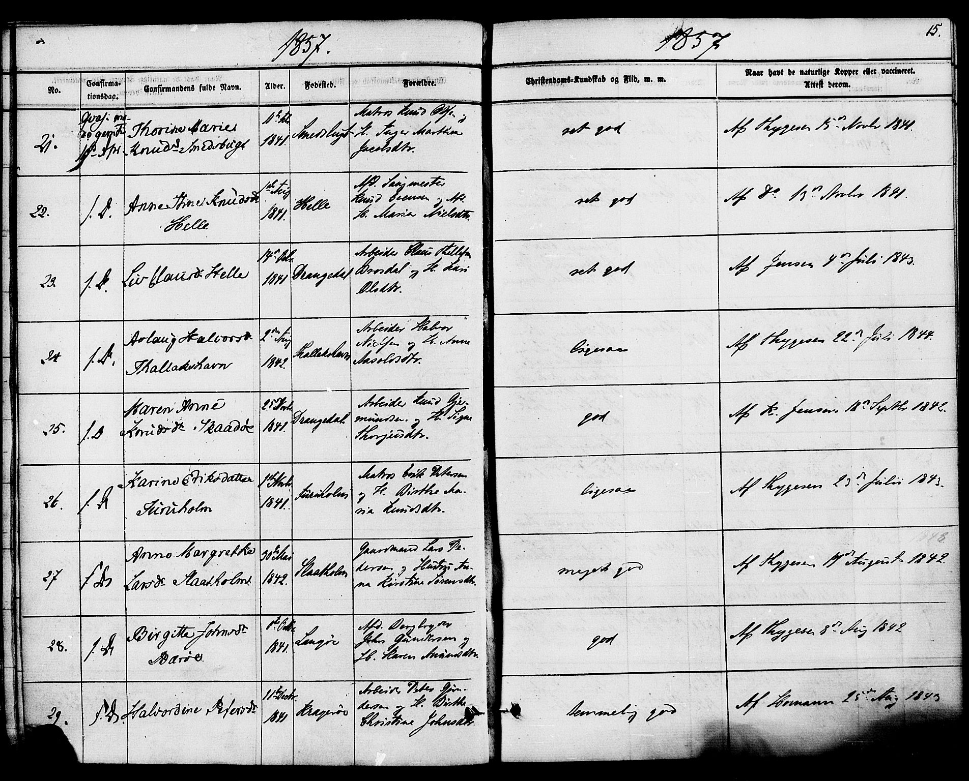 Kragerø kirkebøker, AV/SAKO-A-278/F/Fa/L0008: Ministerialbok nr. 8, 1856-1880, s. 15