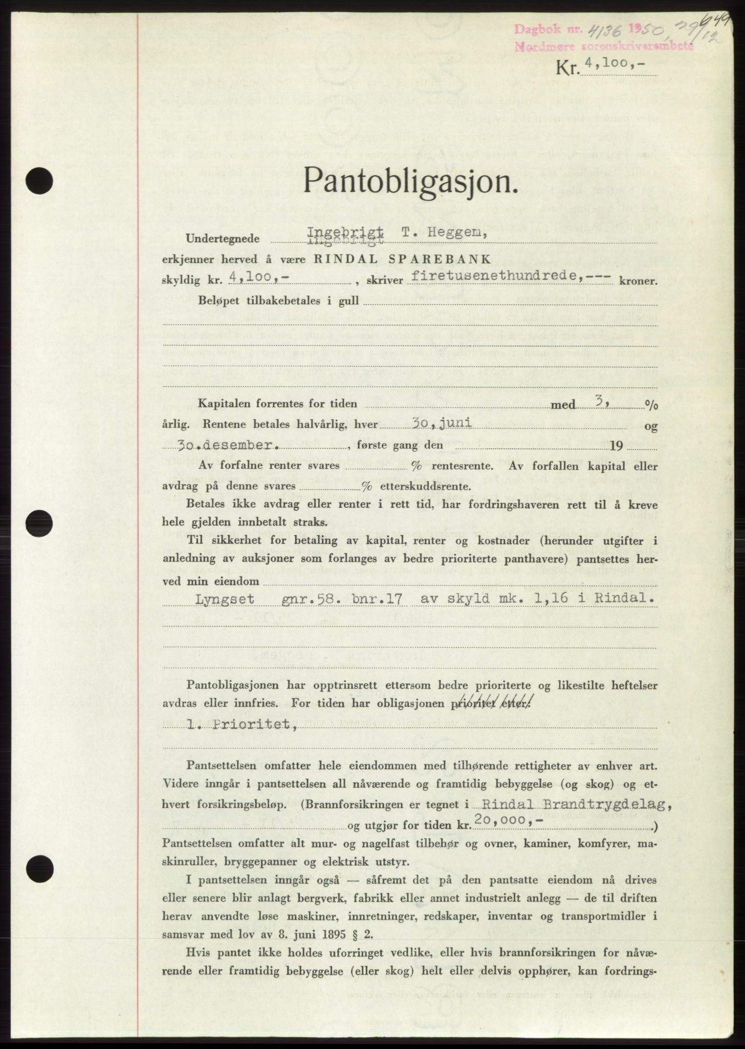 Nordmøre sorenskriveri, SAT/A-4132/1/2/2Ca: Pantebok nr. B106, 1950-1950, Dagboknr: 4136/1950
