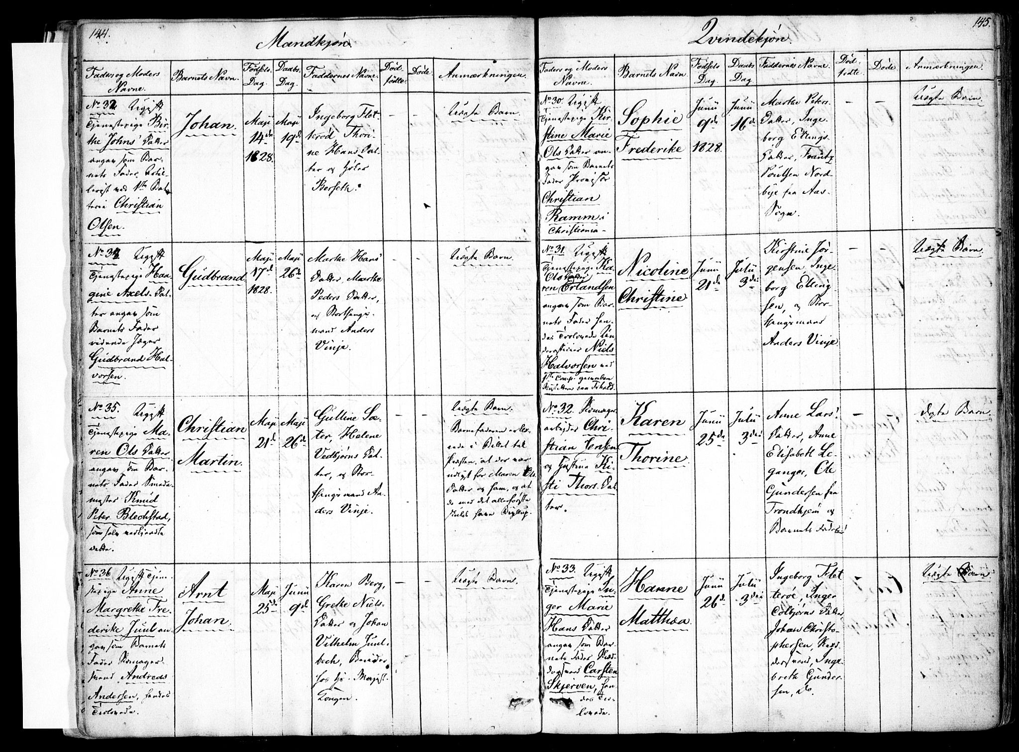 Rikshospitalet prestekontor Kirkebøker, AV/SAO-A-10309b/F/L0001: Ministerialbok nr. 1, 1818-1832, s. 144-145