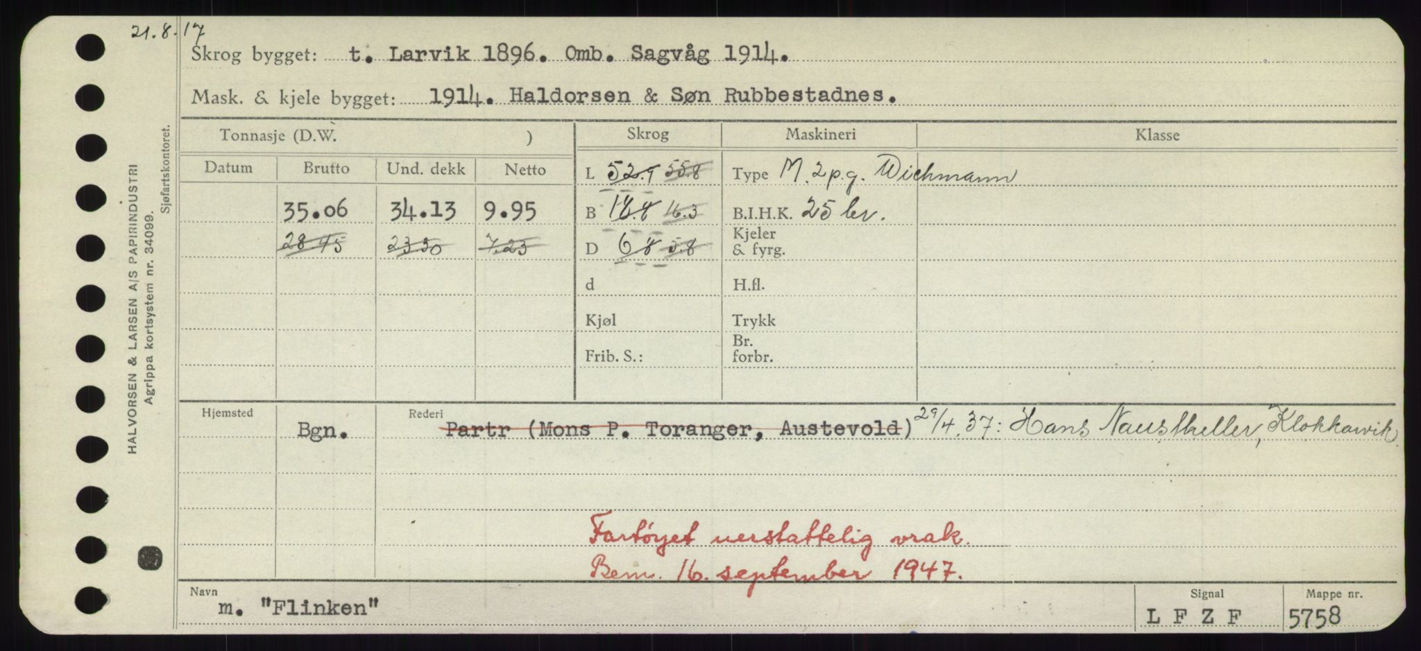 Sjøfartsdirektoratet med forløpere, Skipsmålingen, RA/S-1627/H/Hd/L0011: Fartøy, Fla-Får, s. 31