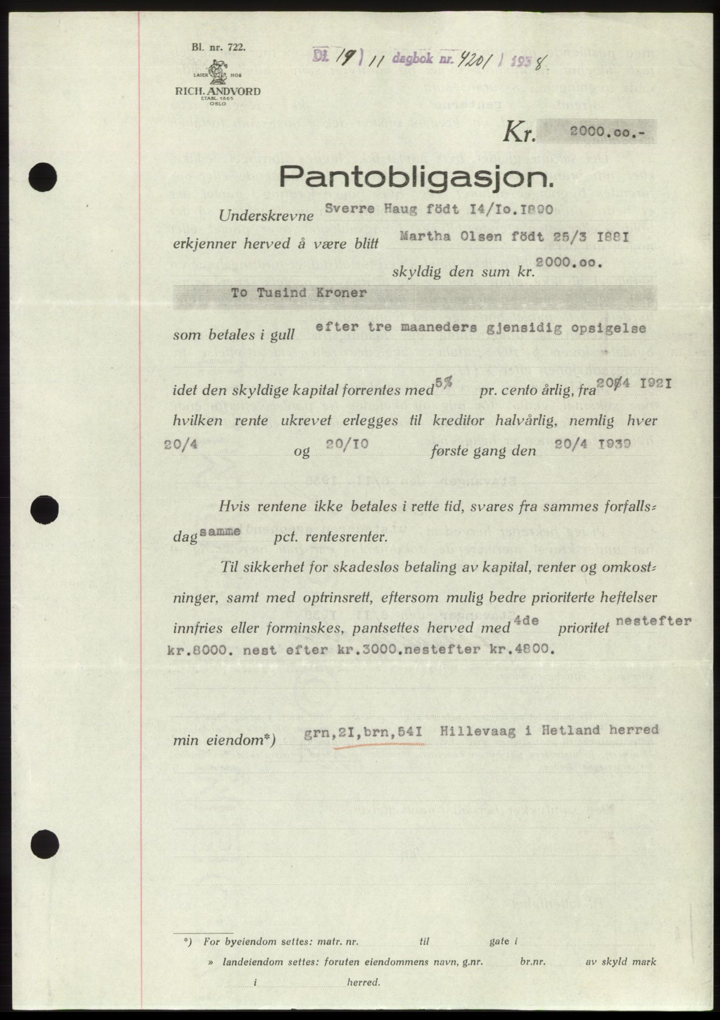 Jæren sorenskriveri, SAST/A-100310/03/G/Gba/L0072: Pantebok, 1938-1938, Dagboknr: 4201/1938