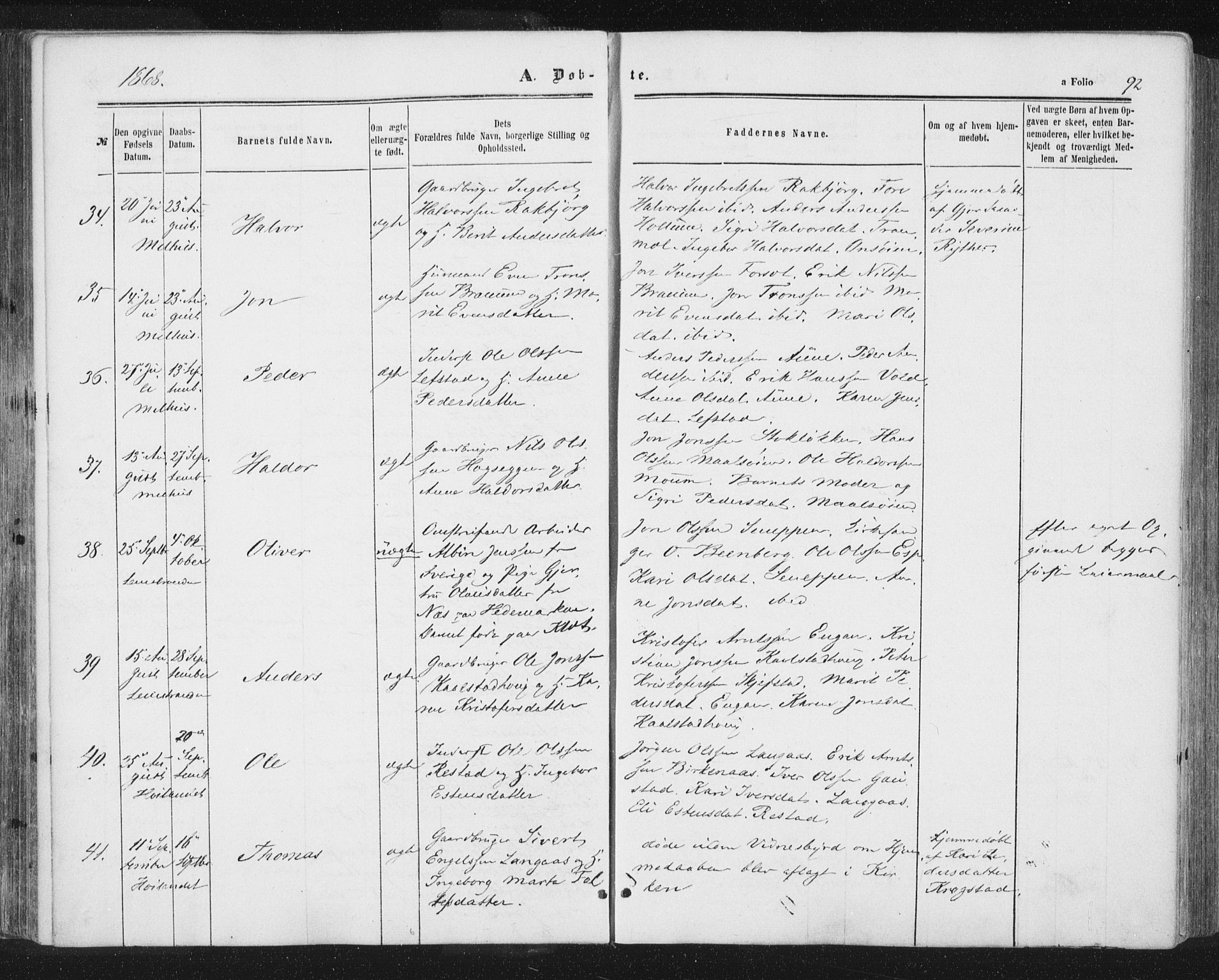 Ministerialprotokoller, klokkerbøker og fødselsregistre - Sør-Trøndelag, AV/SAT-A-1456/691/L1077: Ministerialbok nr. 691A09, 1862-1873, s. 92