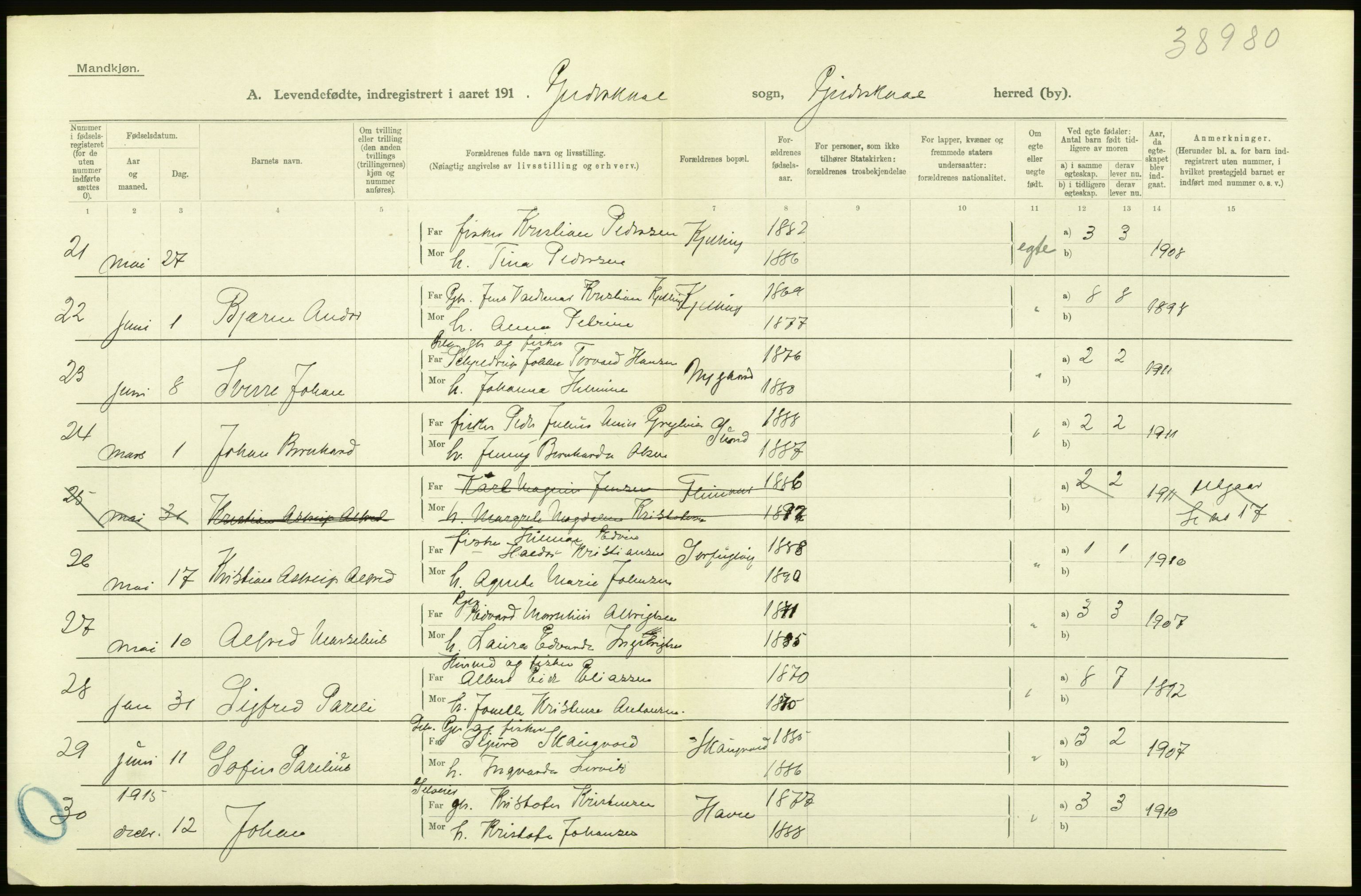 Statistisk sentralbyrå, Sosiodemografiske emner, Befolkning, AV/RA-S-2228/D/Df/Dfb/Dfbf/L0050: Nordlands amt: Levendefødte menn og kvinner. Bygder., 1916, s. 22