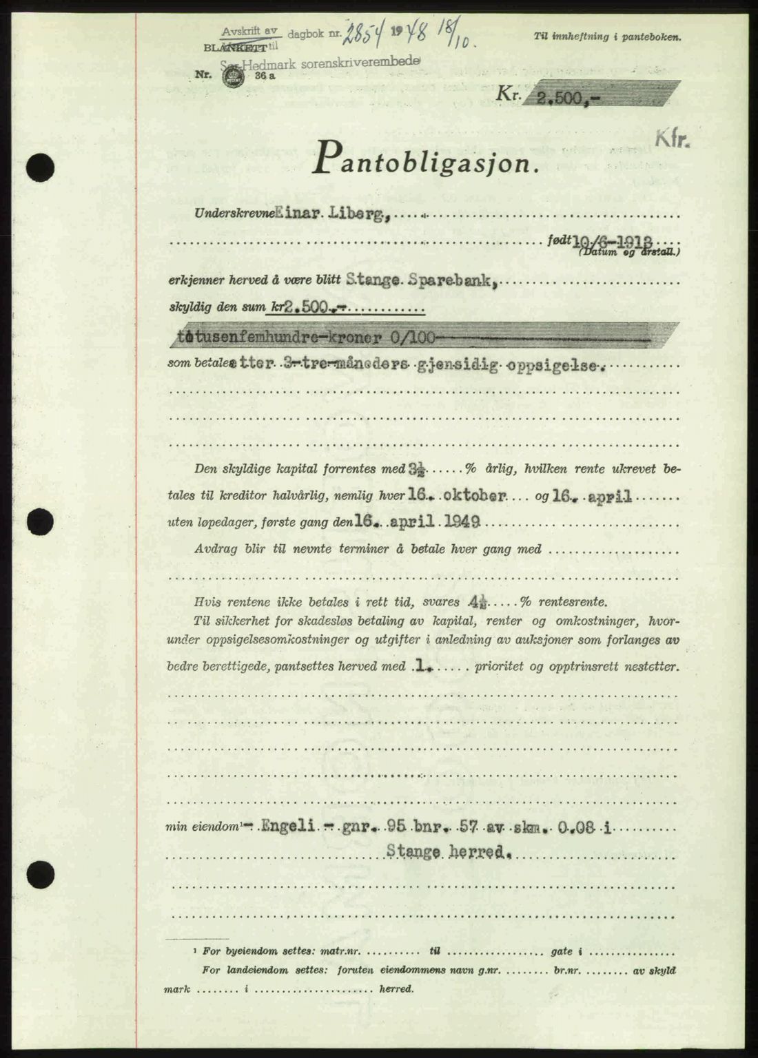 Sør-Hedmark sorenskriveri, SAH/TING-014/H/Hb/Hbd/L0018: Pantebok nr. 18, 1948-1949, Dagboknr: 2854/1948