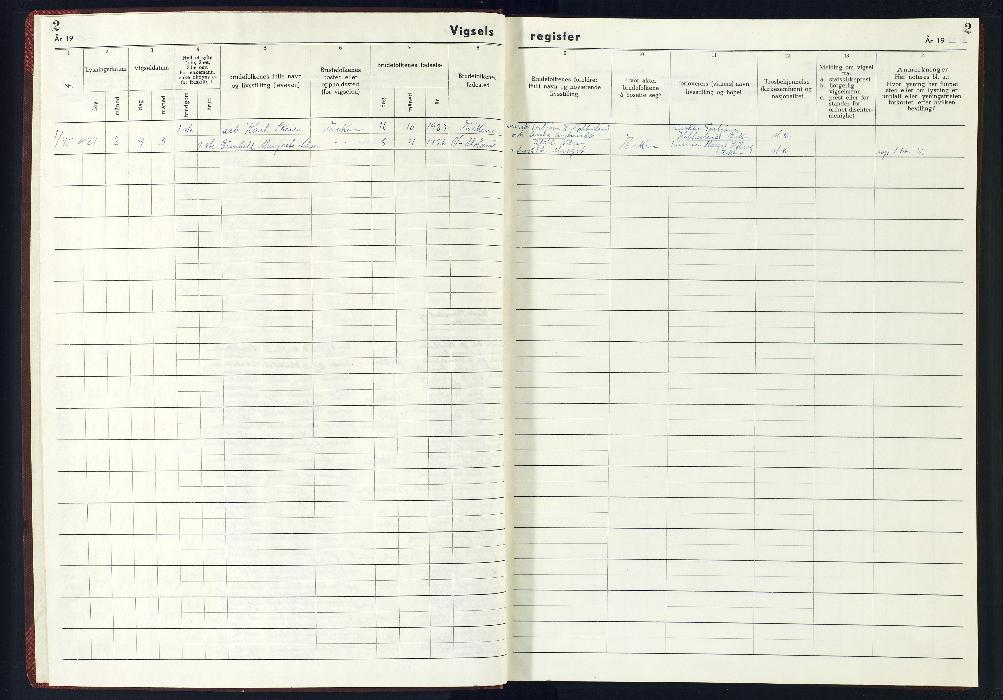 Hægebostad sokneprestkontor, SAK/1111-0024/J/Jb/L0005: Vigselsregister nr. II.6.5, 1942-1945, s. 2