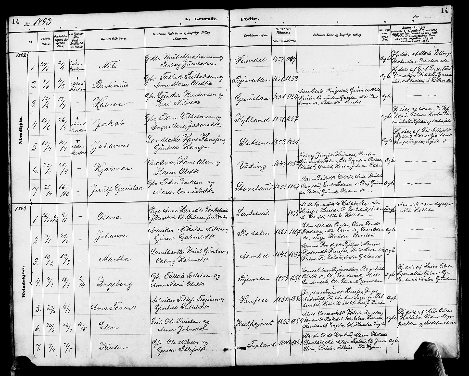 Herefoss sokneprestkontor, AV/SAK-1111-0019/F/Fb/Fba/L0003: Klokkerbok nr. B 3, 1887-1925, s. 14
