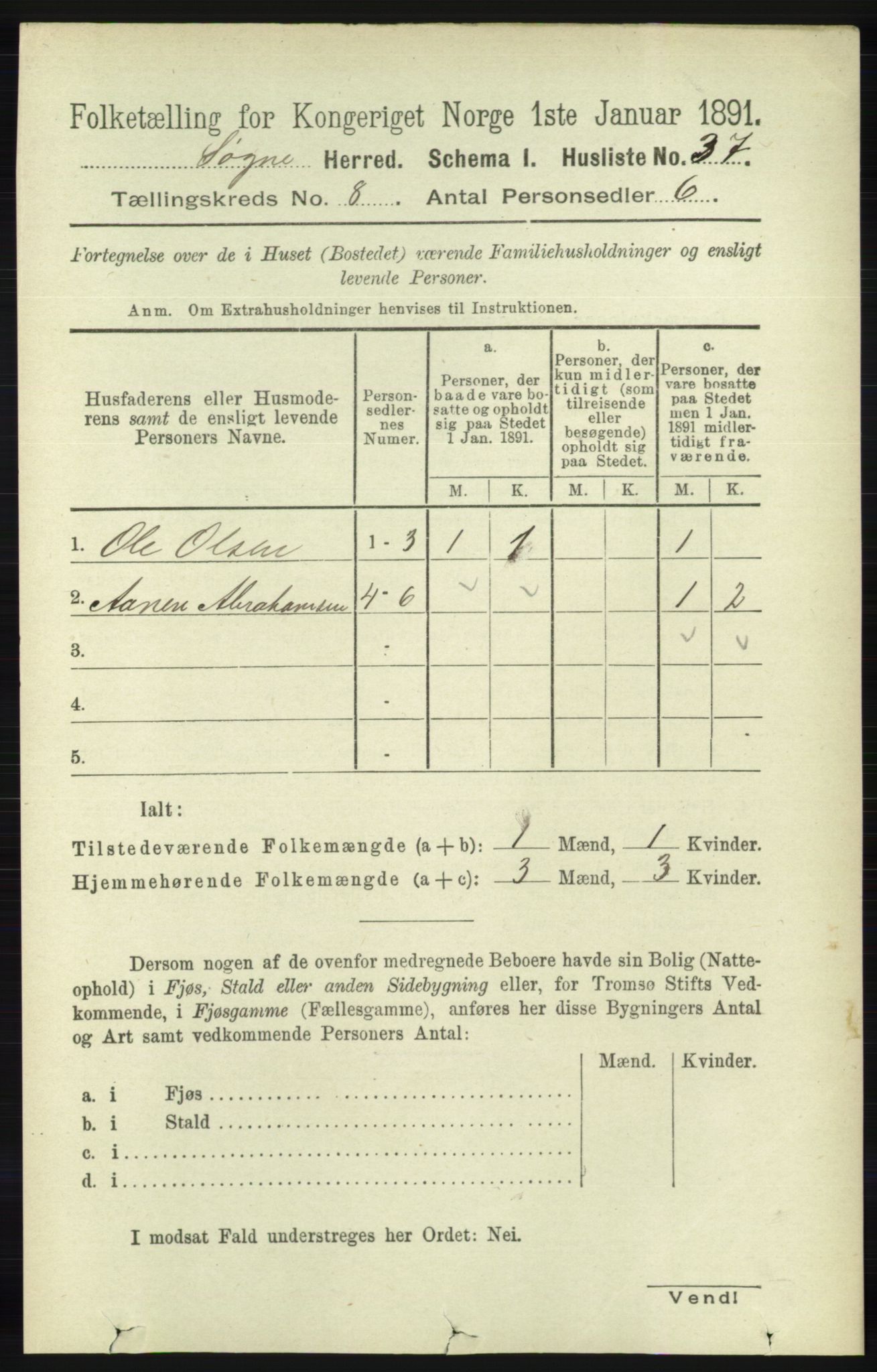 RA, Folketelling 1891 for 1018 Søgne herred, 1891, s. 2204