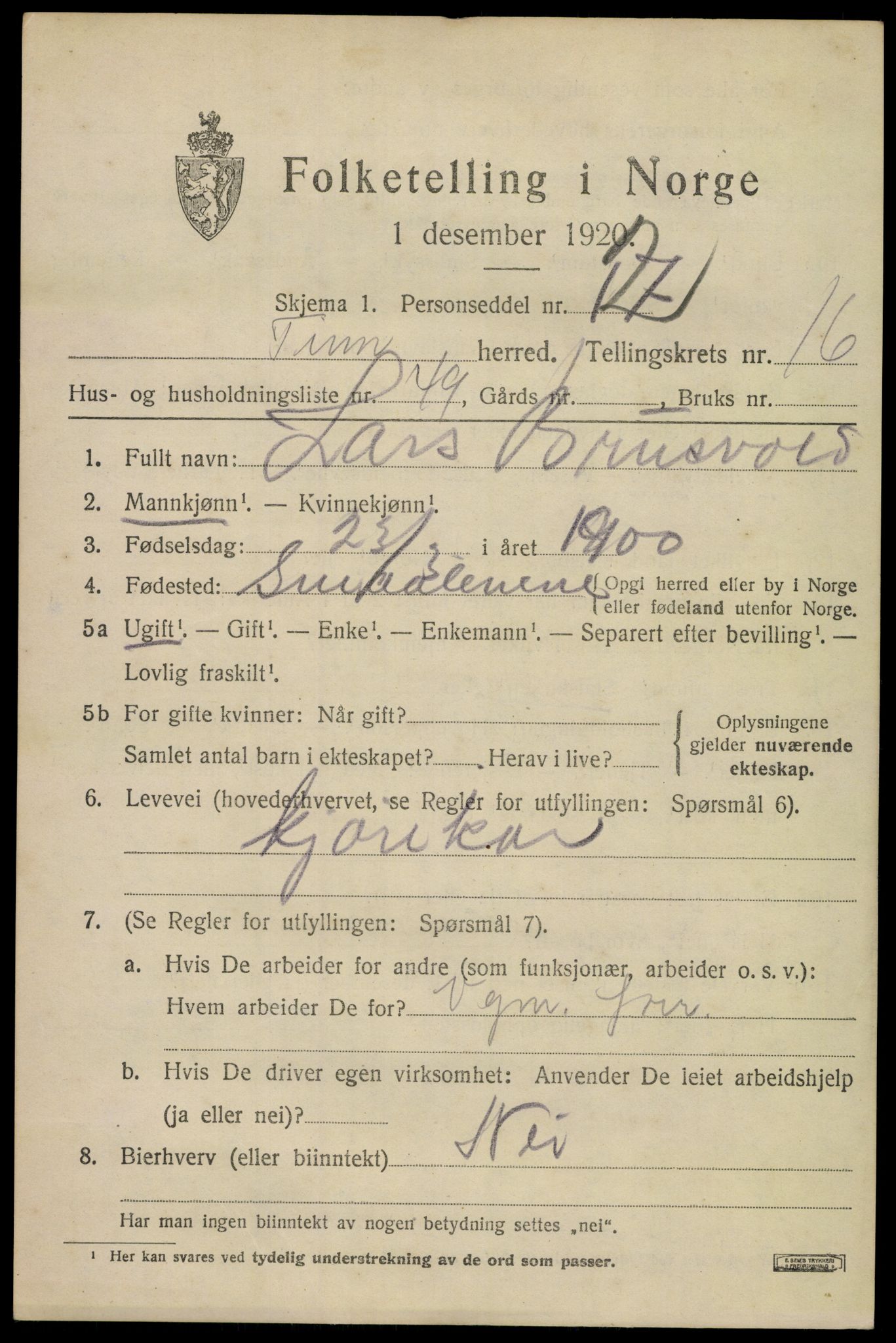 SAKO, Folketelling 1920 for 0826 Tinn herred, 1920, s. 17722