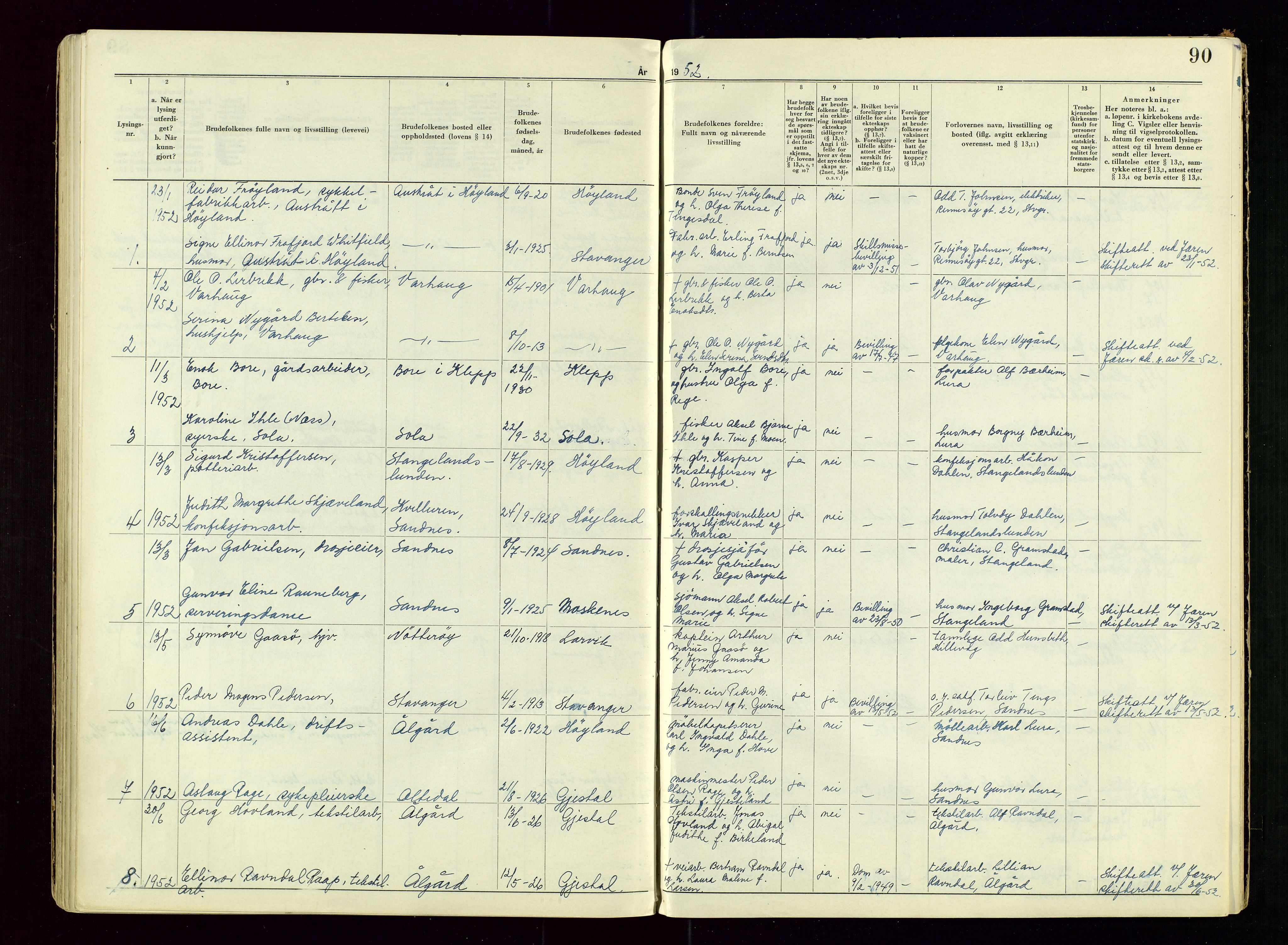 Sandnes sorenskriveri, SAST/A-100312/02/I/Ic/L0001: Vigsel (Lysingsbok), 1944-1954, s. 90