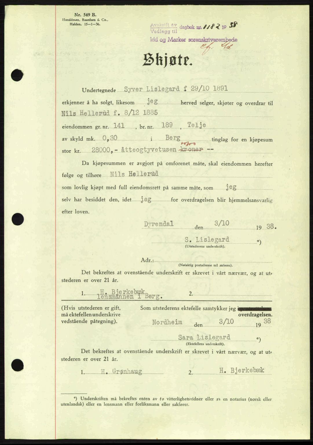 Idd og Marker sorenskriveri, AV/SAO-A-10283/G/Gb/Gbb/L0002: Pantebok nr. A2, 1937-1938, Dagboknr: 1182/1938
