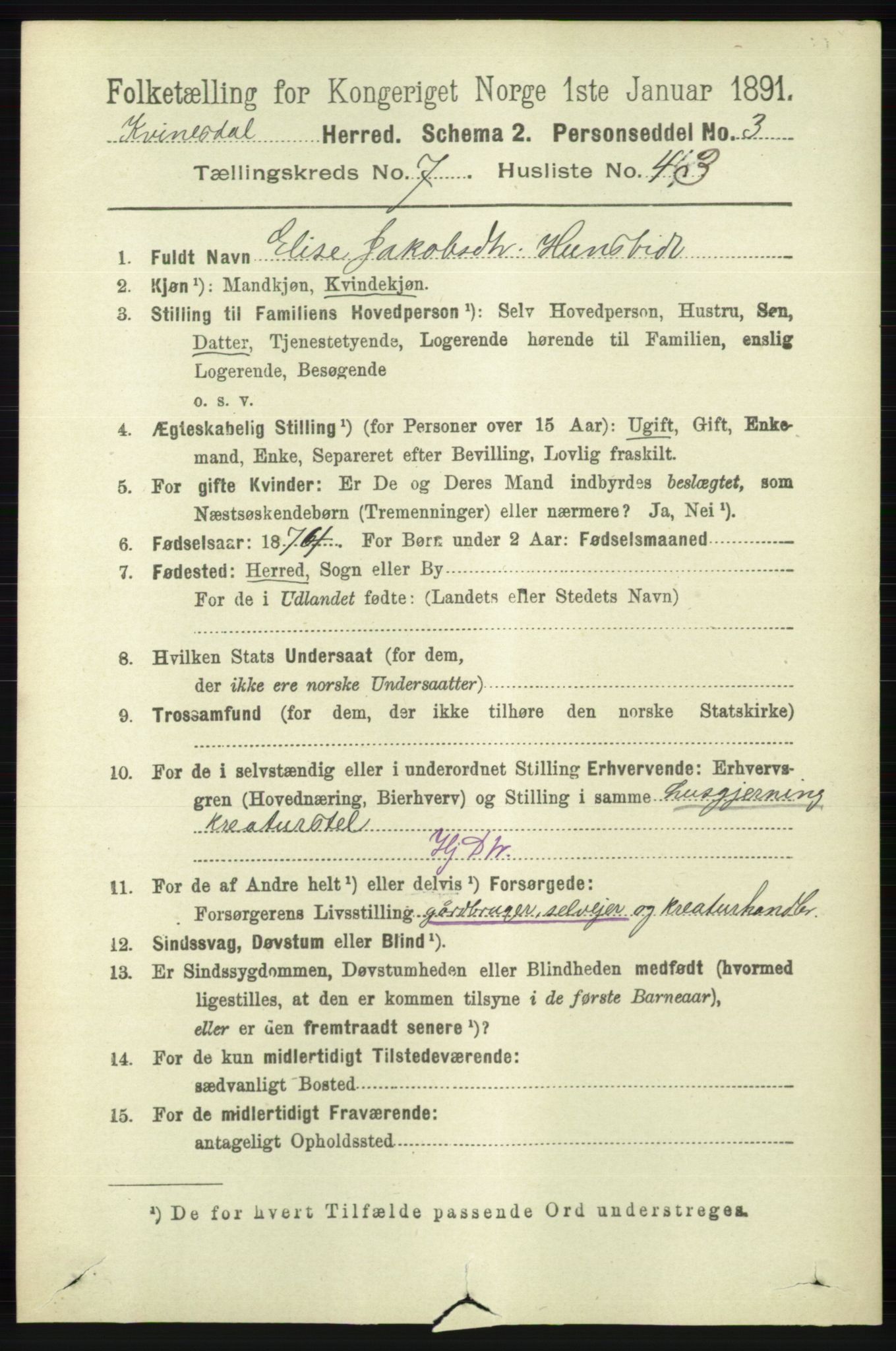 RA, Folketelling 1891 for 1037 Kvinesdal herred, 1891, s. 2681