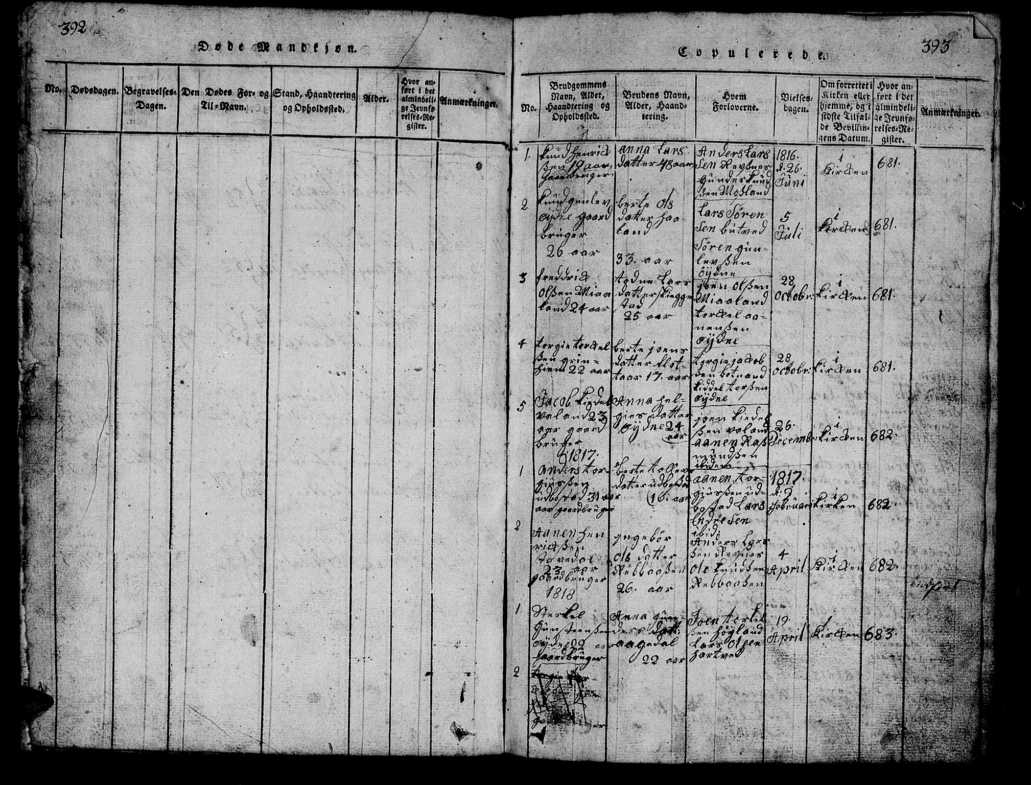 Bjelland sokneprestkontor, SAK/1111-0005/F/Fb/Fbc/L0001: Klokkerbok nr. B 1, 1815-1870, s. 392-393
