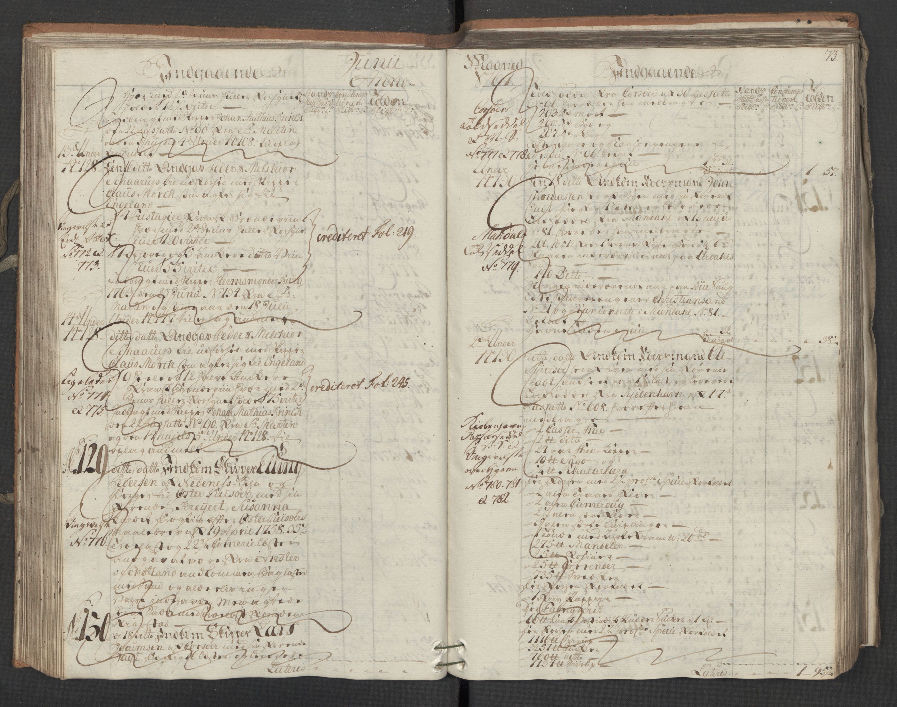 Generaltollkammeret, tollregnskaper, AV/RA-EA-5490/R16/L0054/0001: Tollregnskaper Kristiansand / Inngående hovedtollbok, 1764, s. 72b-73a