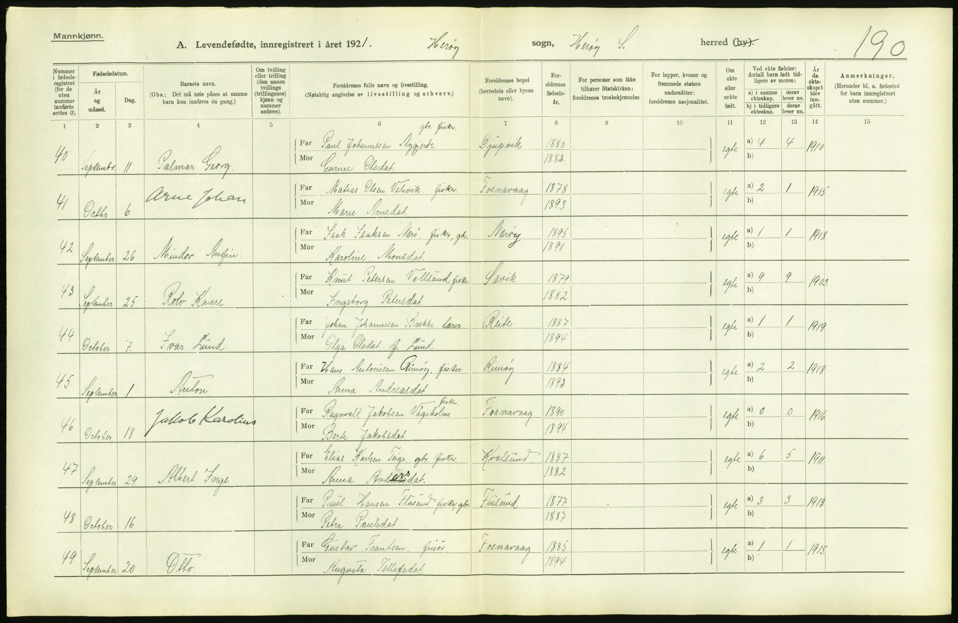 Statistisk sentralbyrå, Sosiodemografiske emner, Befolkning, AV/RA-S-2228/D/Df/Dfc/Dfca/L0040: Møre fylke: Levendefødte menn og kvinner. Bygder., 1921, s. 28