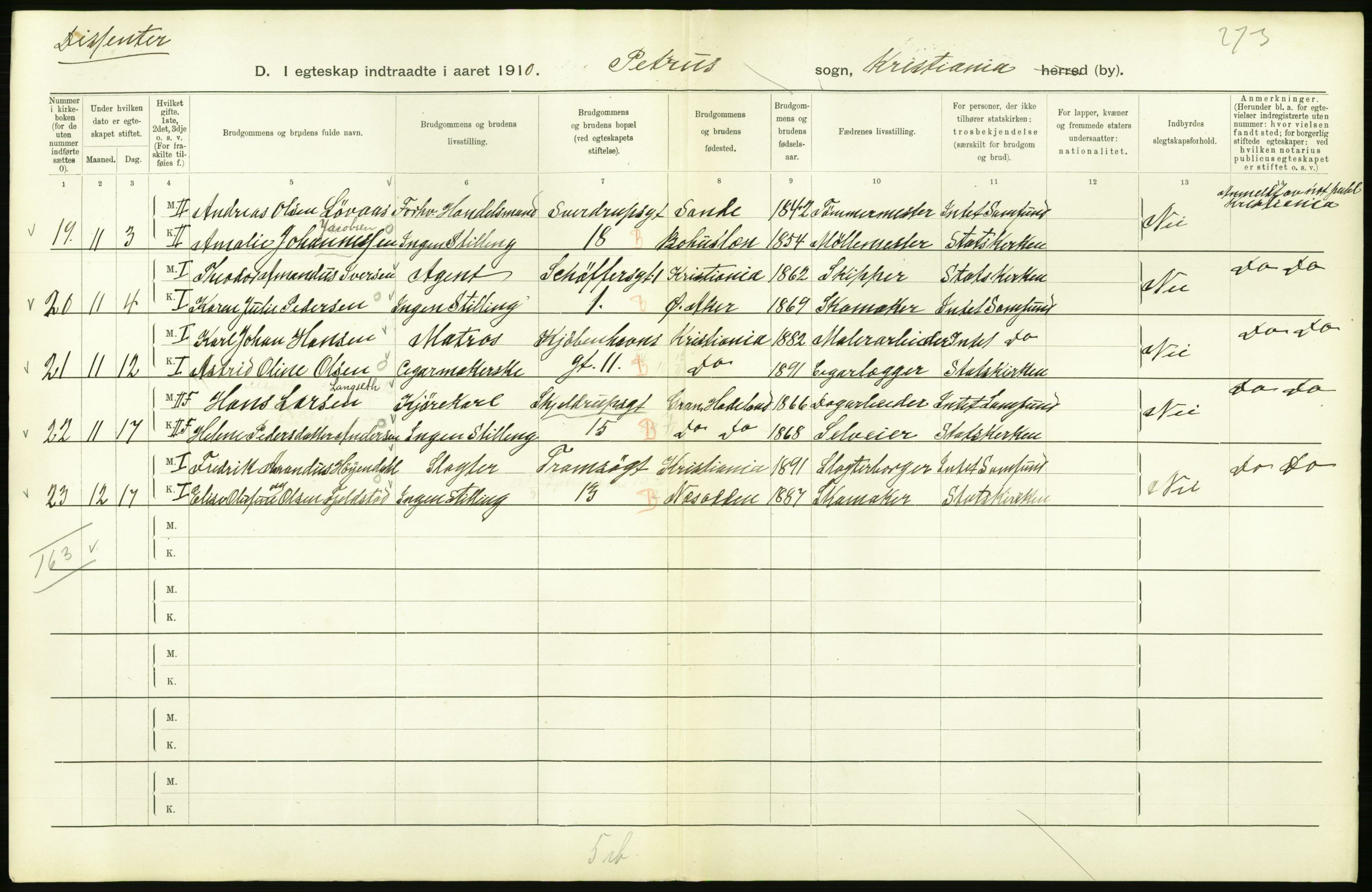 Statistisk sentralbyrå, Sosiodemografiske emner, Befolkning, AV/RA-S-2228/D/Df/Dfa/Dfah/L0009: Kristiania: Gifte og dødfødte., 1910, s. 270