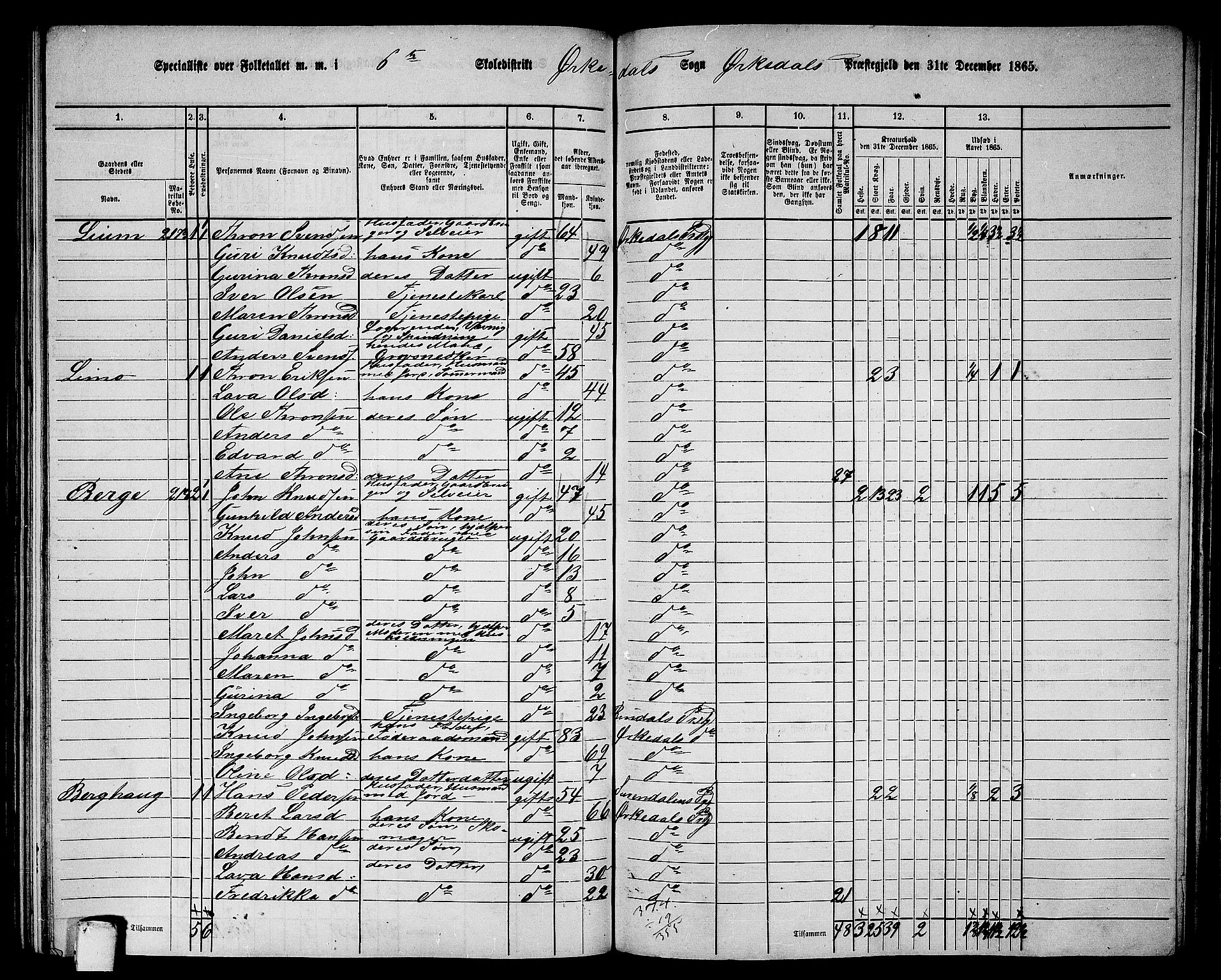 RA, Folketelling 1865 for 1638P Orkdal prestegjeld, 1865, s. 186