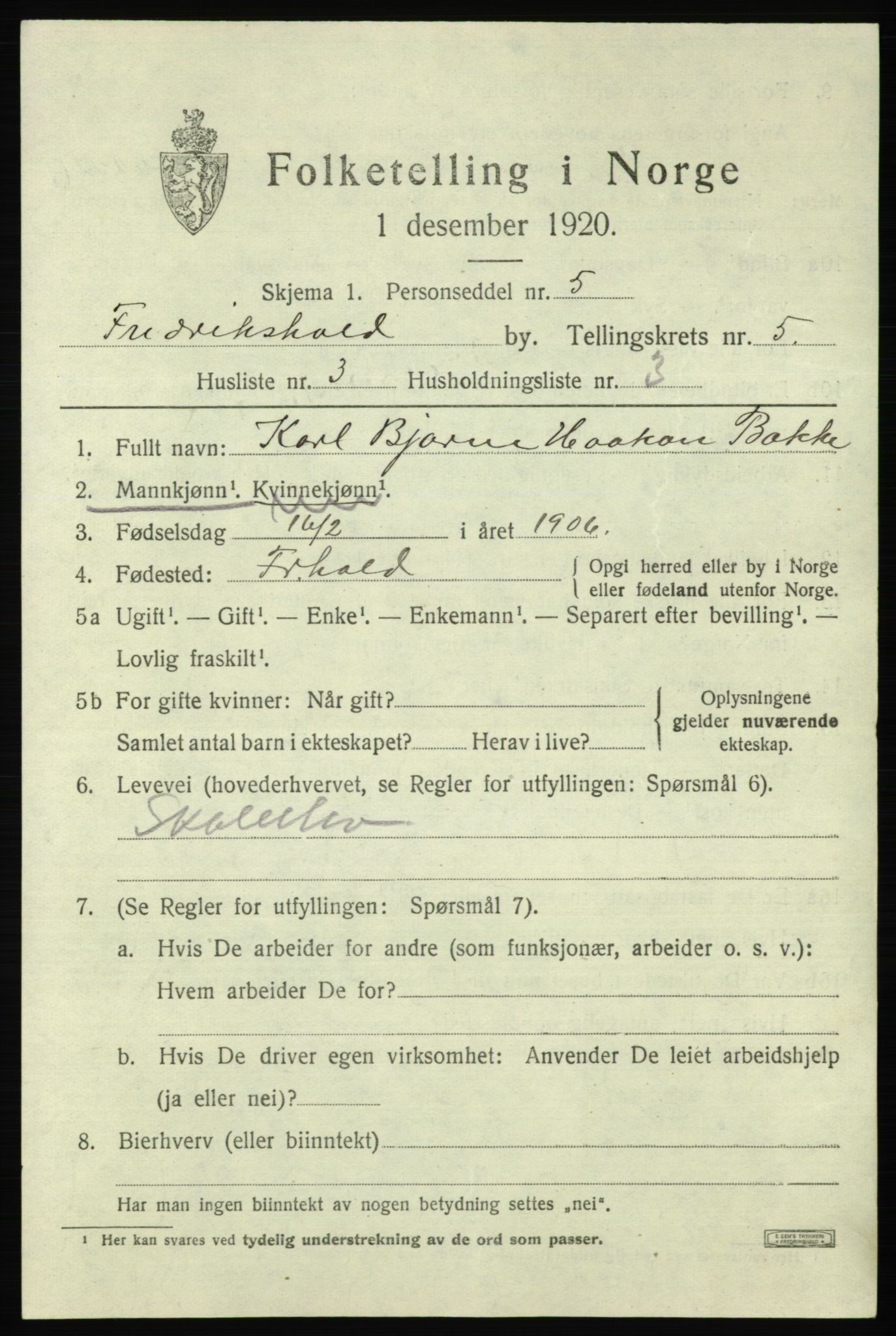 SAO, Folketelling 1920 for 0101 Fredrikshald kjøpstad, 1920, s. 12113