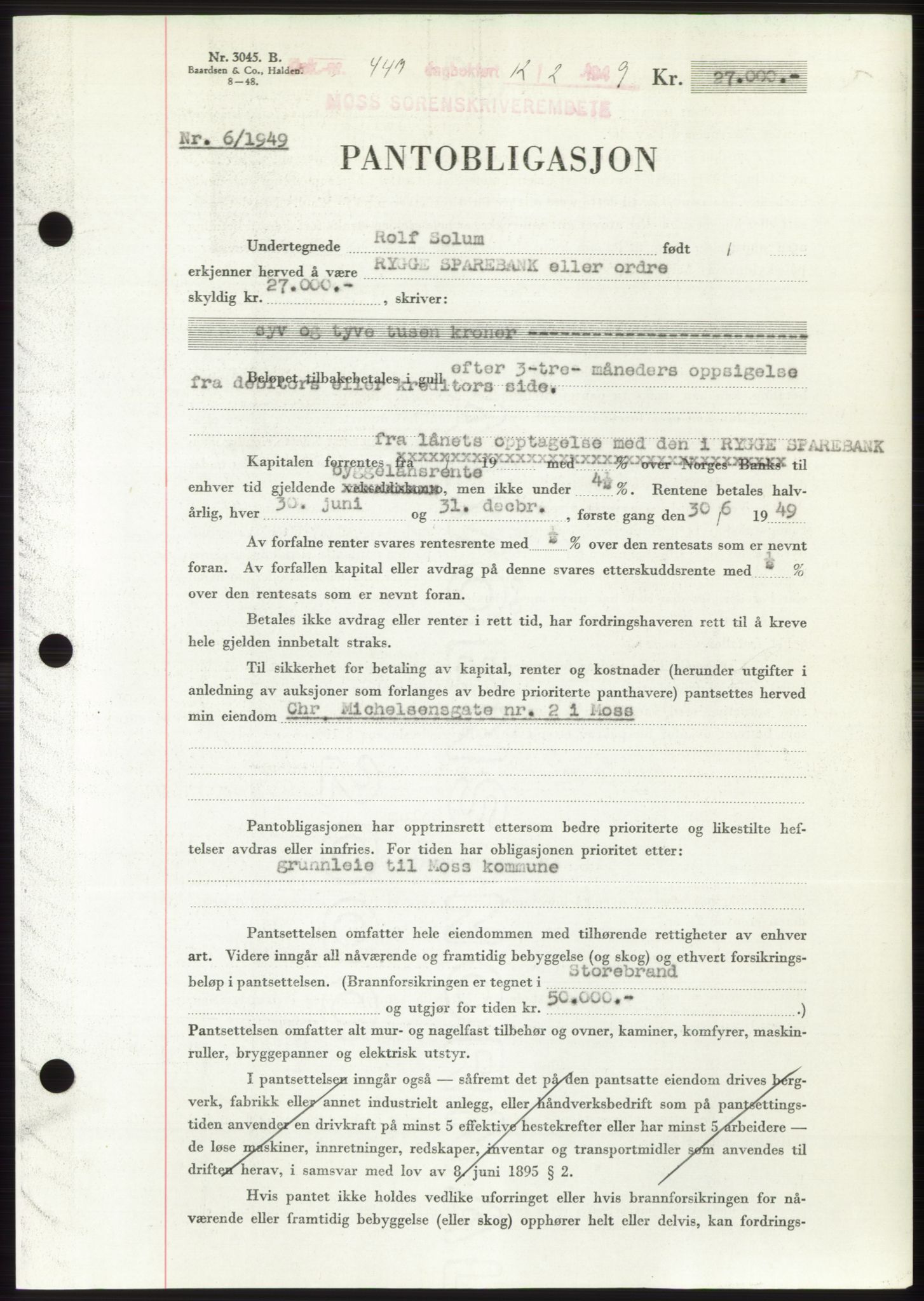 Moss sorenskriveri, SAO/A-10168: Pantebok nr. B21, 1949-1949, Dagboknr: 447/1949