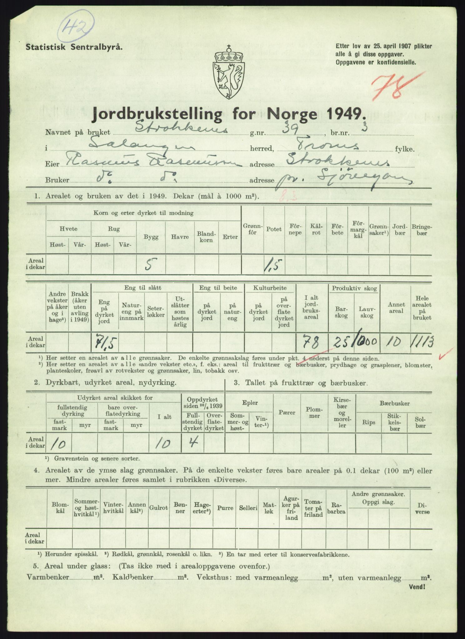 Statistisk sentralbyrå, Næringsøkonomiske emner, Jordbruk, skogbruk, jakt, fiske og fangst, AV/RA-S-2234/G/Gc/L0438: Troms: Salangen og Bardu, 1949, s. 857