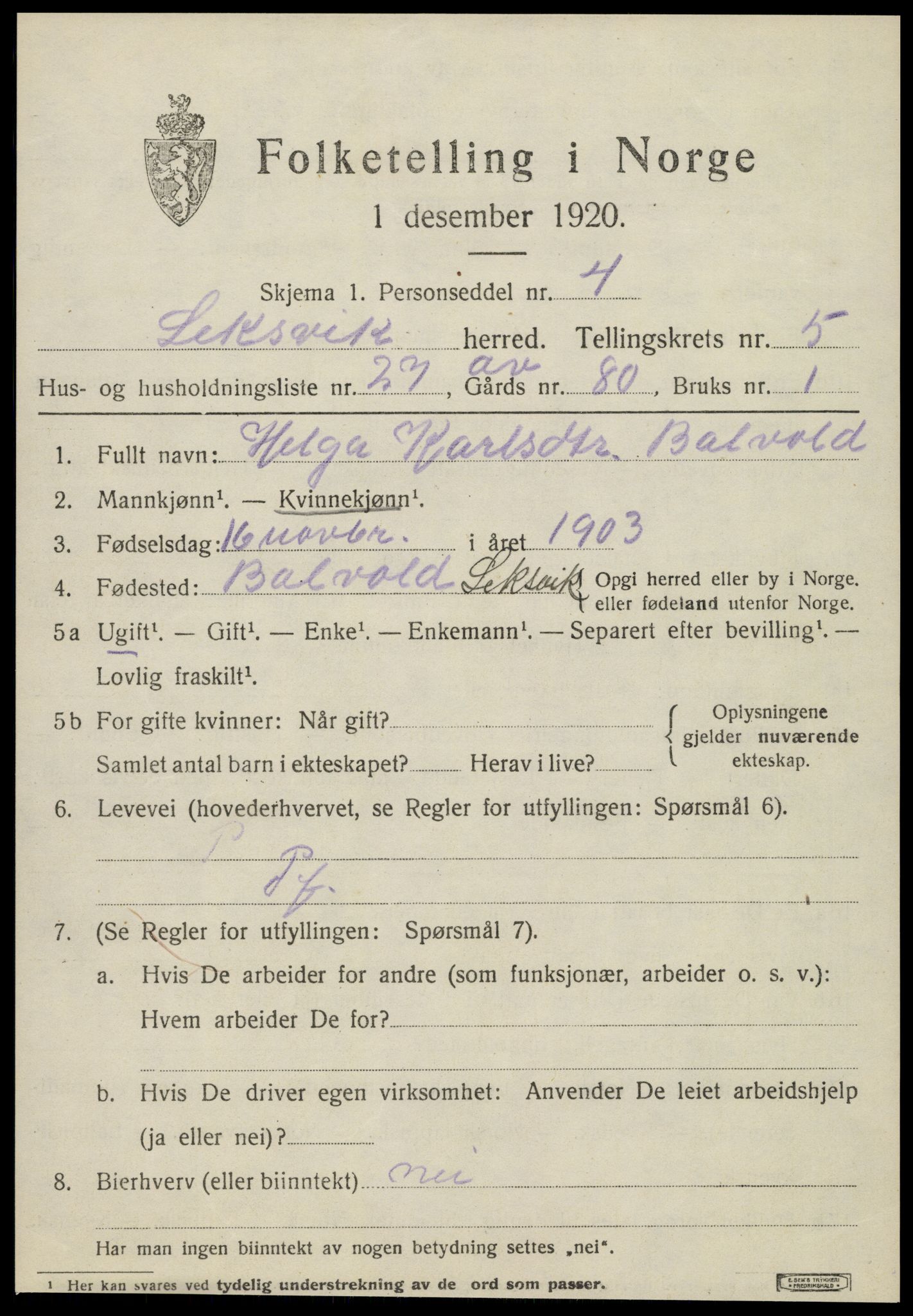 SAT, Folketelling 1920 for 1718 Leksvik herred, 1920, s. 5106