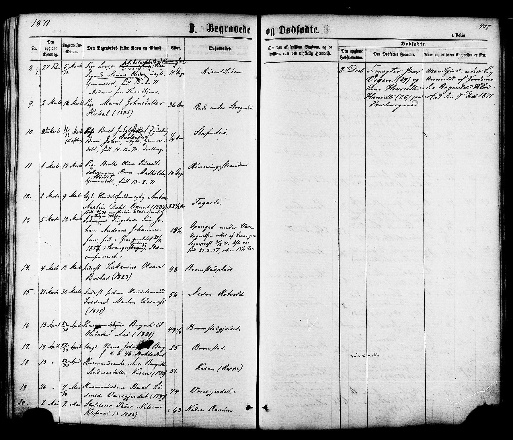 Ministerialprotokoller, klokkerbøker og fødselsregistre - Sør-Trøndelag, SAT/A-1456/606/L0293: Ministerialbok nr. 606A08, 1866-1877, s. 407