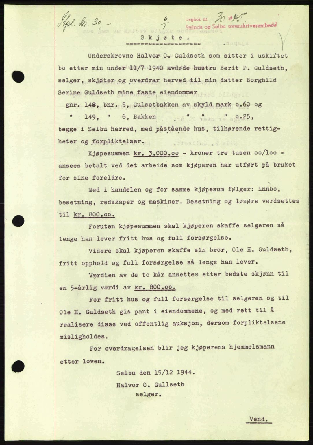 Strinda og Selbu sorenskriveri, SAT/A-0015/2/2C: Pantebok nr. A9, 1944-1945, Dagboknr: 30/1945