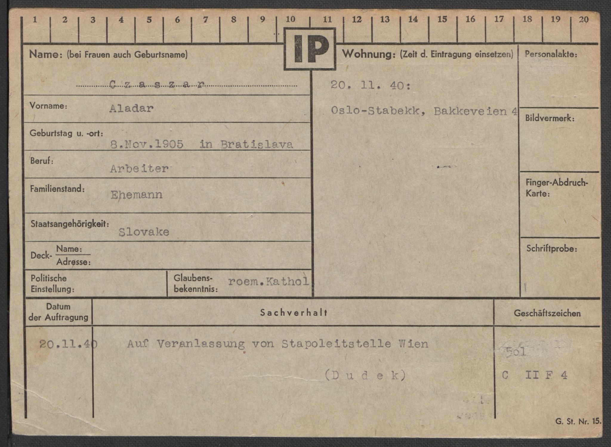 Befehlshaber der Sicherheitspolizei und des SD, AV/RA-RAFA-5969/E/Ea/Eaa/L0002: Register over norske fanger i Møllergata 19: Bj-Eng, 1940-1945, s. 847