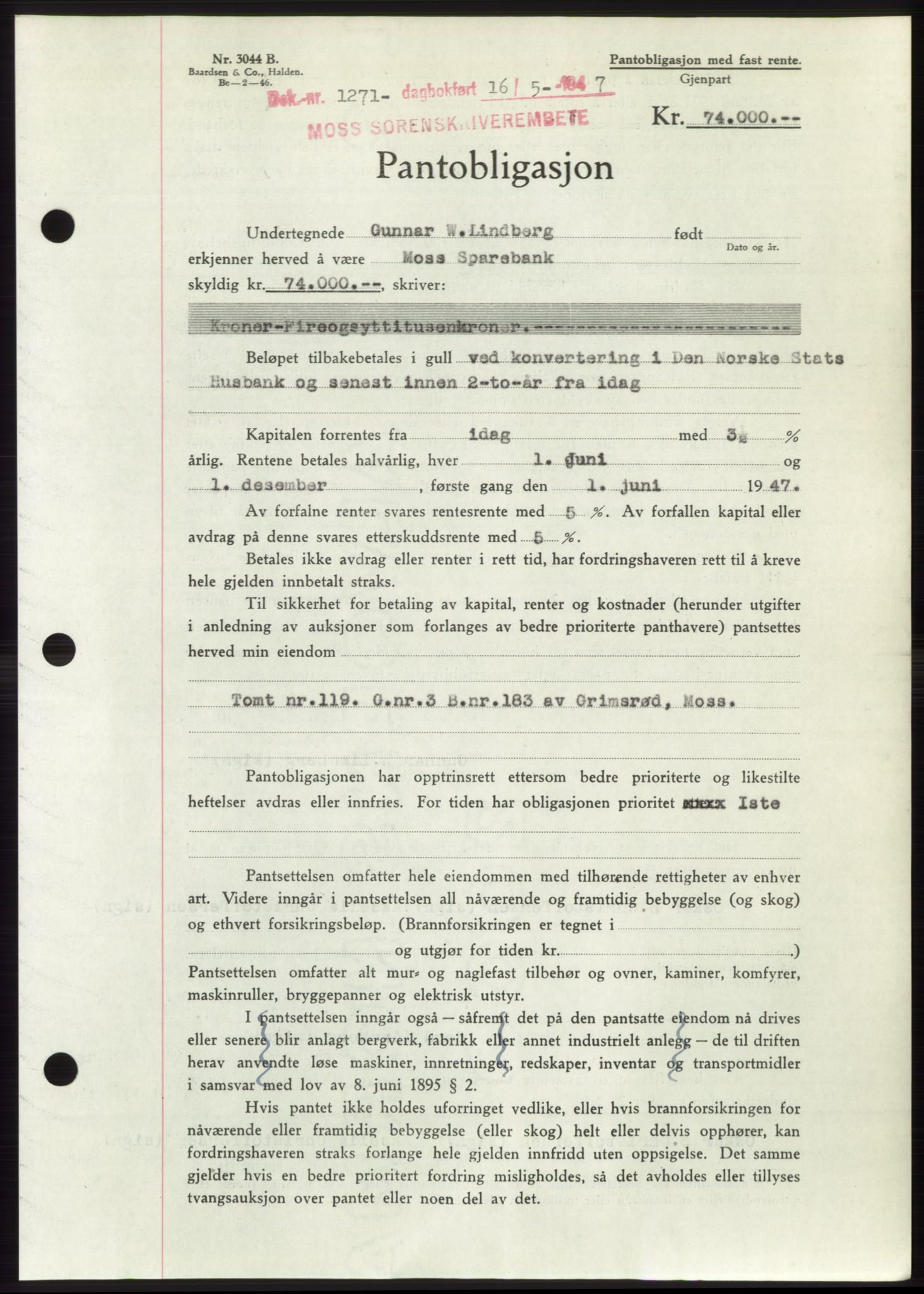 Moss sorenskriveri, SAO/A-10168: Pantebok nr. B17, 1947-1947, Dagboknr: 1271/1947