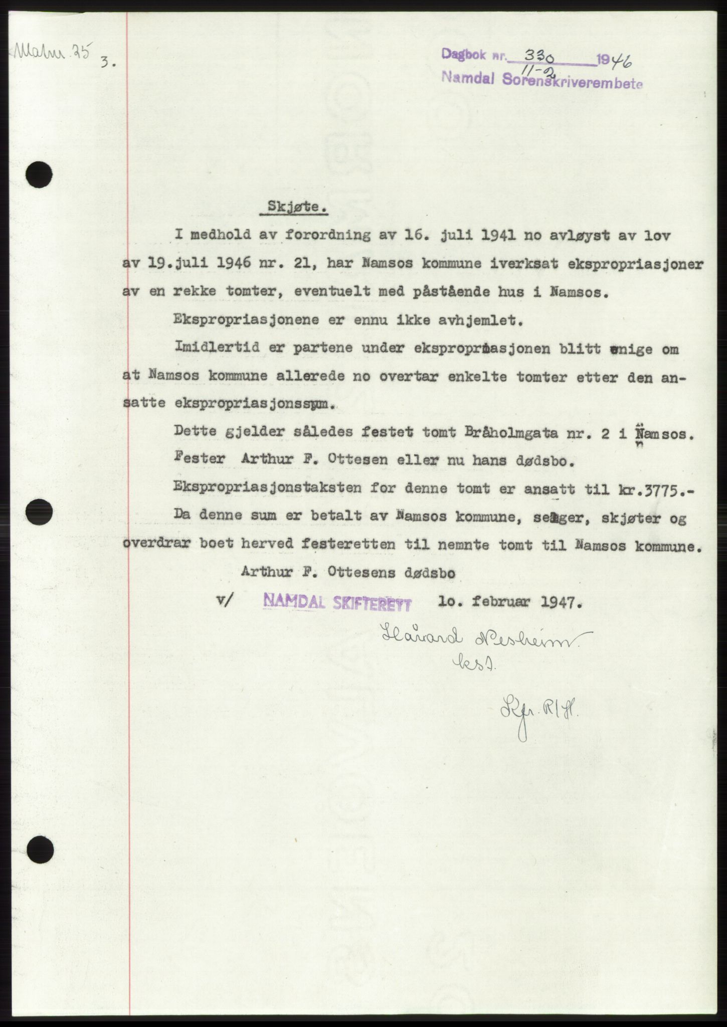 Namdal sorenskriveri, SAT/A-4133/1/2/2C: Pantebok nr. -, 1946-1947, Dagboknr: 330/1947