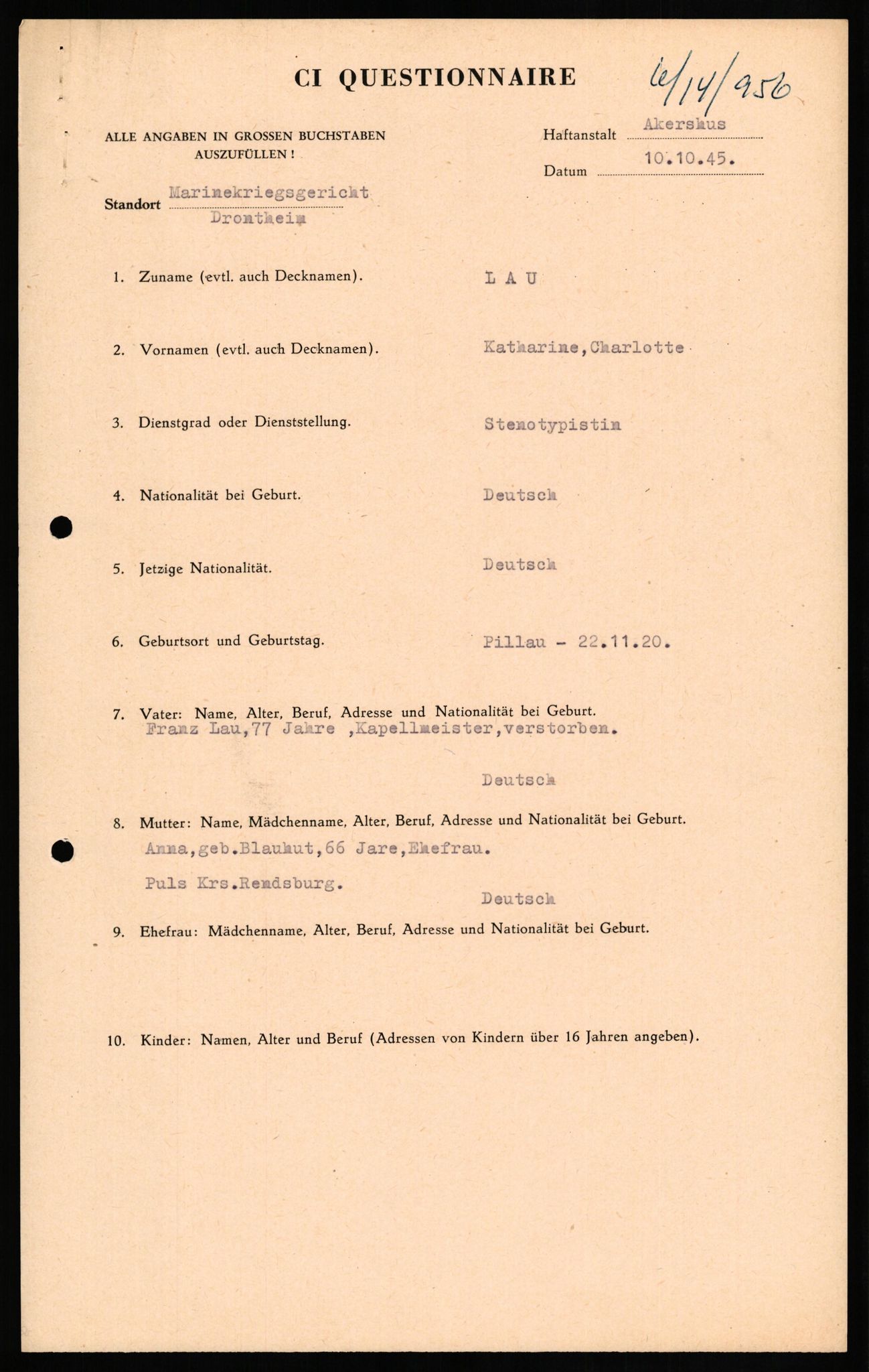 Forsvaret, Forsvarets overkommando II, AV/RA-RAFA-3915/D/Db/L0019: CI Questionaires. Tyske okkupasjonsstyrker i Norge. Tyskere., 1945-1946, s. 486