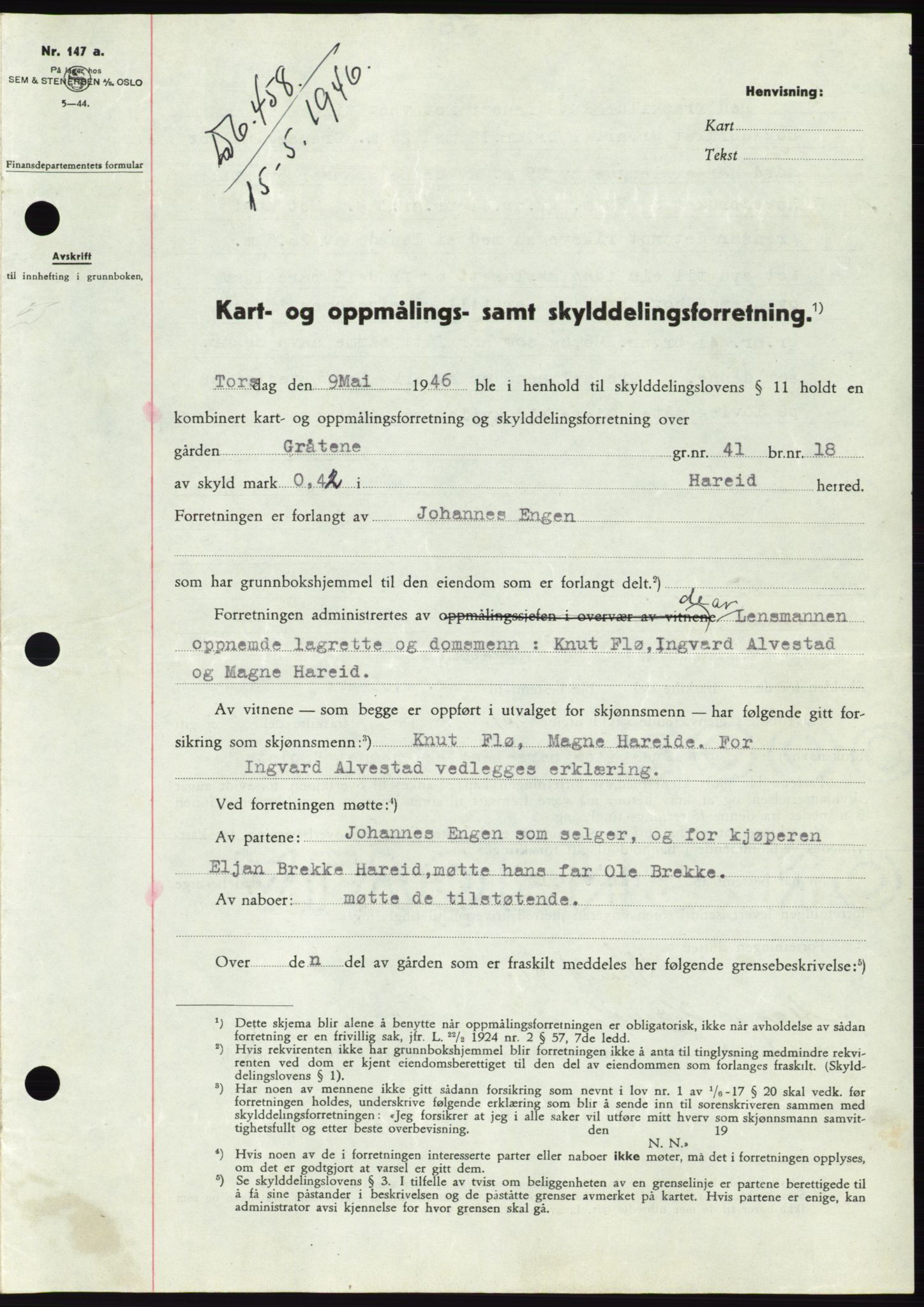 Søre Sunnmøre sorenskriveri, SAT/A-4122/1/2/2C/L0078: Pantebok nr. 4A, 1946-1946, Dagboknr: 457/1946