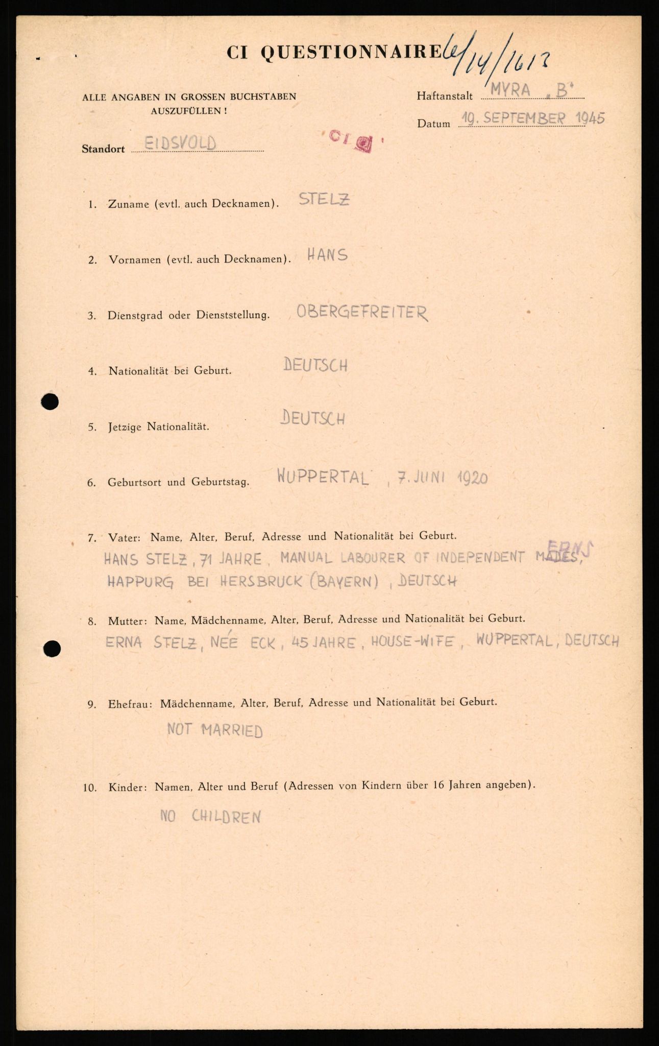 Forsvaret, Forsvarets overkommando II, AV/RA-RAFA-3915/D/Db/L0033: CI Questionaires. Tyske okkupasjonsstyrker i Norge. Tyskere., 1945-1946, s. 18