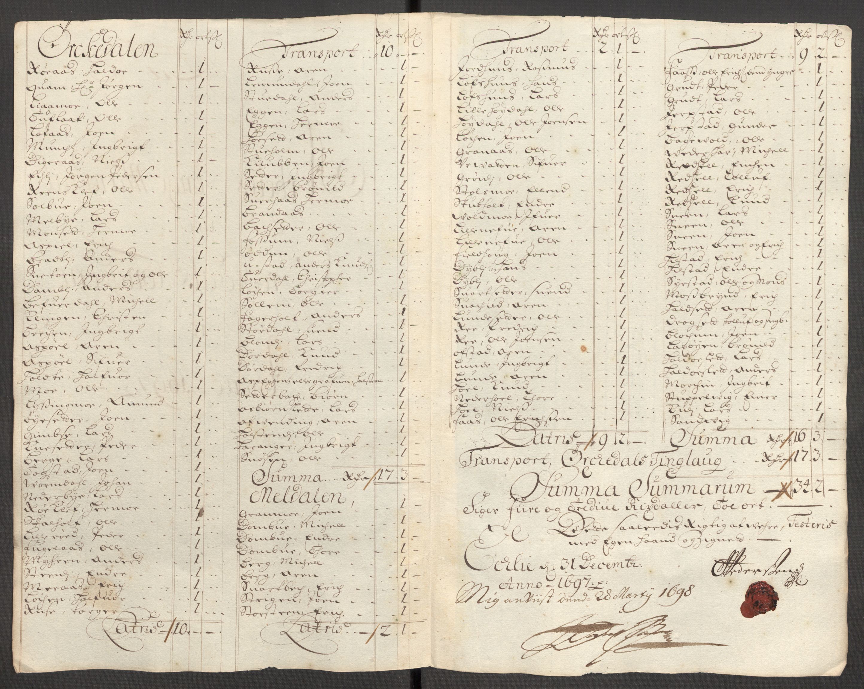 Rentekammeret inntil 1814, Reviderte regnskaper, Fogderegnskap, RA/EA-4092/R60/L3947: Fogderegnskap Orkdal og Gauldal, 1697, s. 175