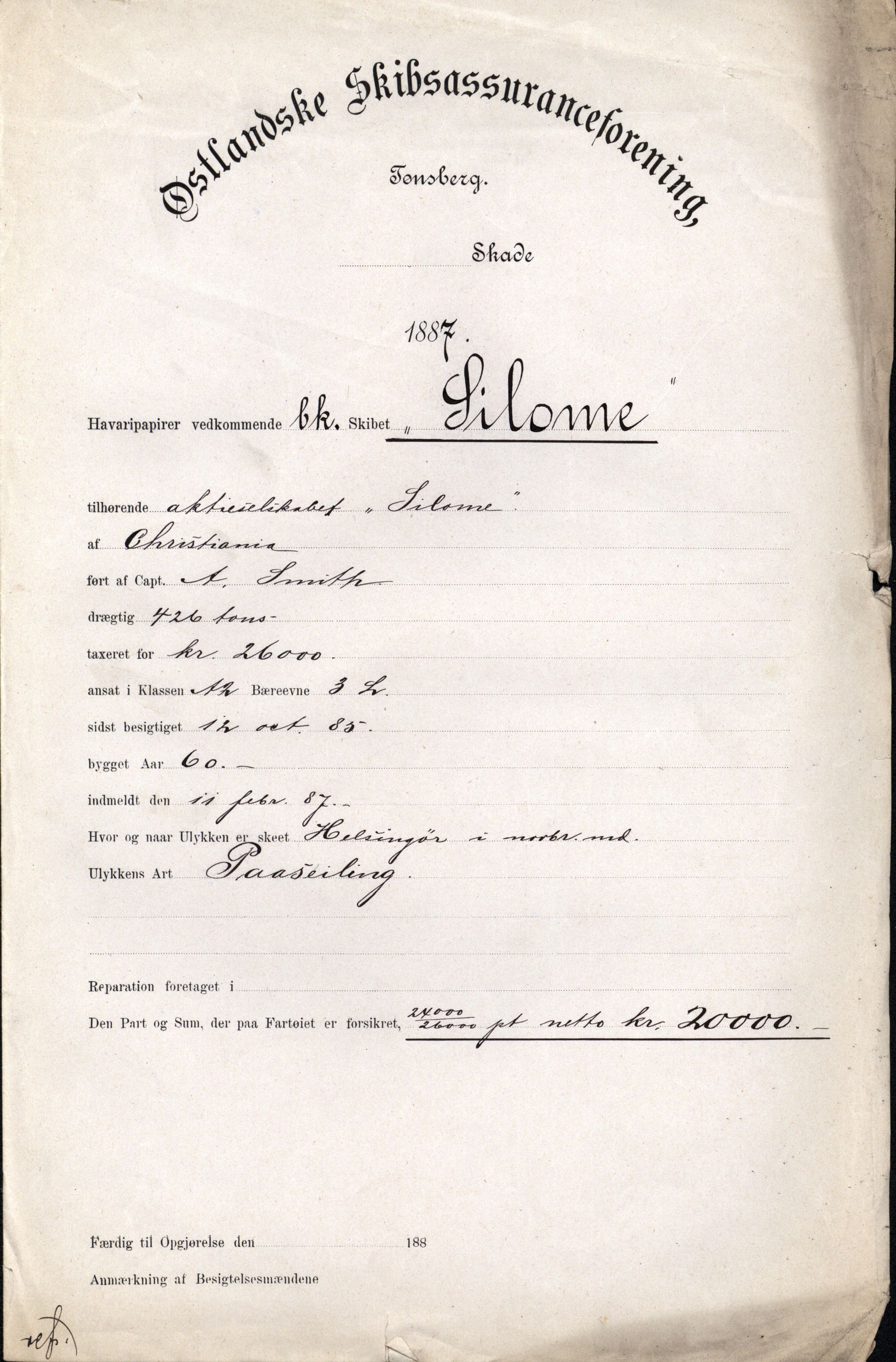 Pa 63 - Østlandske skibsassuranceforening, VEMU/A-1079/G/Ga/L0020/0010: Havaridokumenter / Anna, Silome, Oscarsborg, Memoria, Telegraf, 1887, s. 2