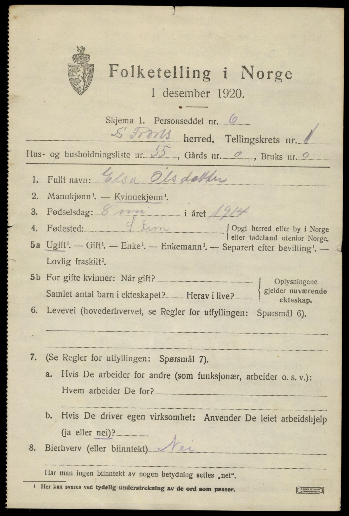SAH, Folketelling 1920 for 0519 Sør-Fron herred, 1920, s. 1901