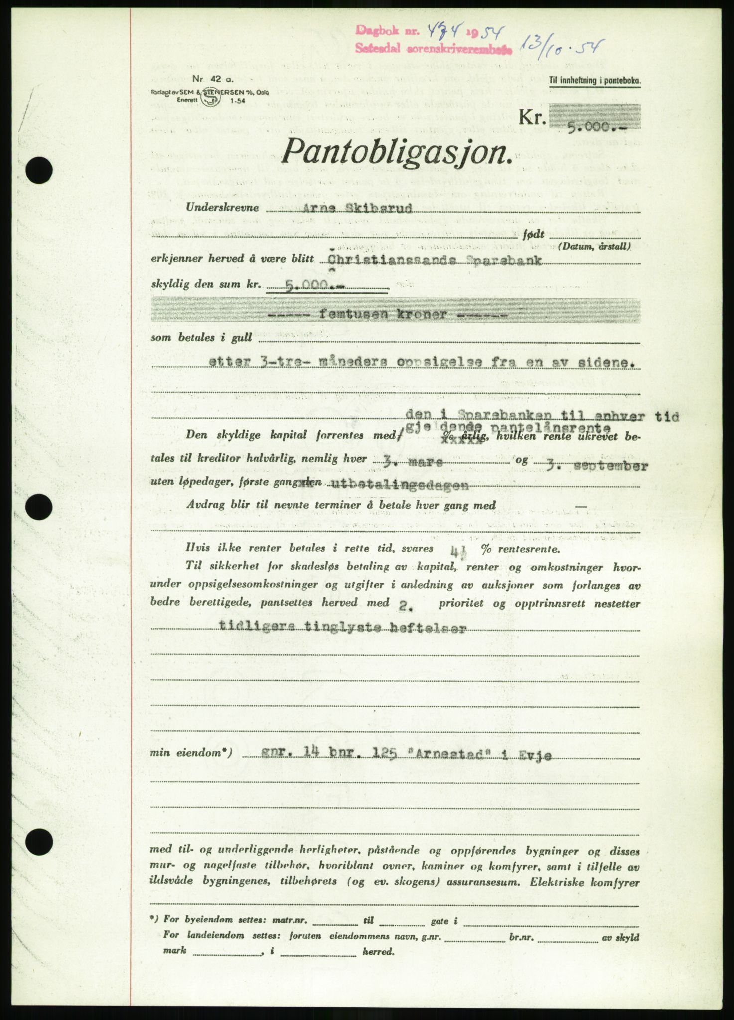 Setesdal sorenskriveri, SAK/1221-0011/G/Gb/L0052: Pantebok nr. B 40, 1954-1955, Dagboknr: 474/1954